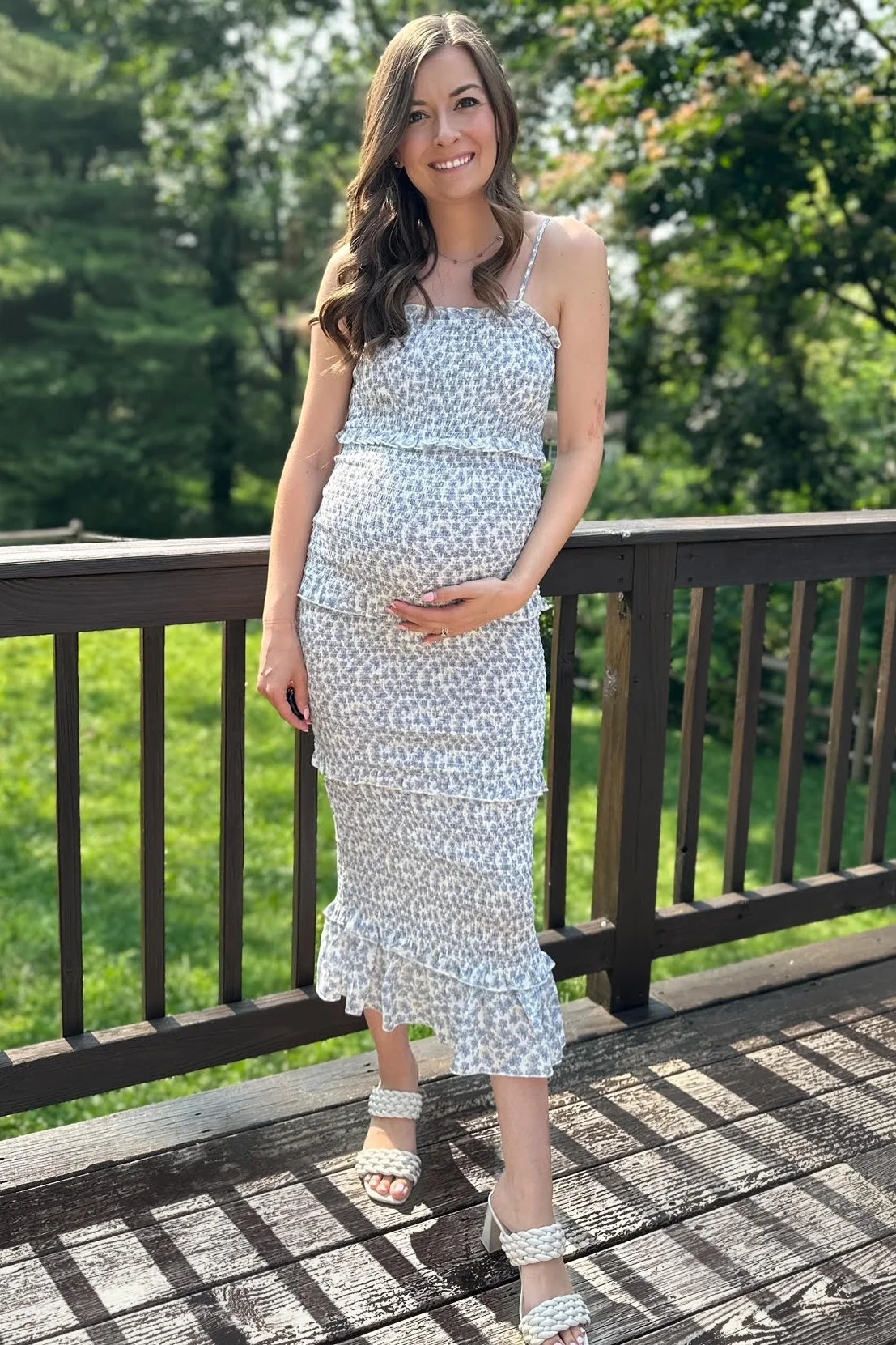 Blue Floral Chiffon Smocked Tiered Square Neck Maternity Midi Dress - Image 5