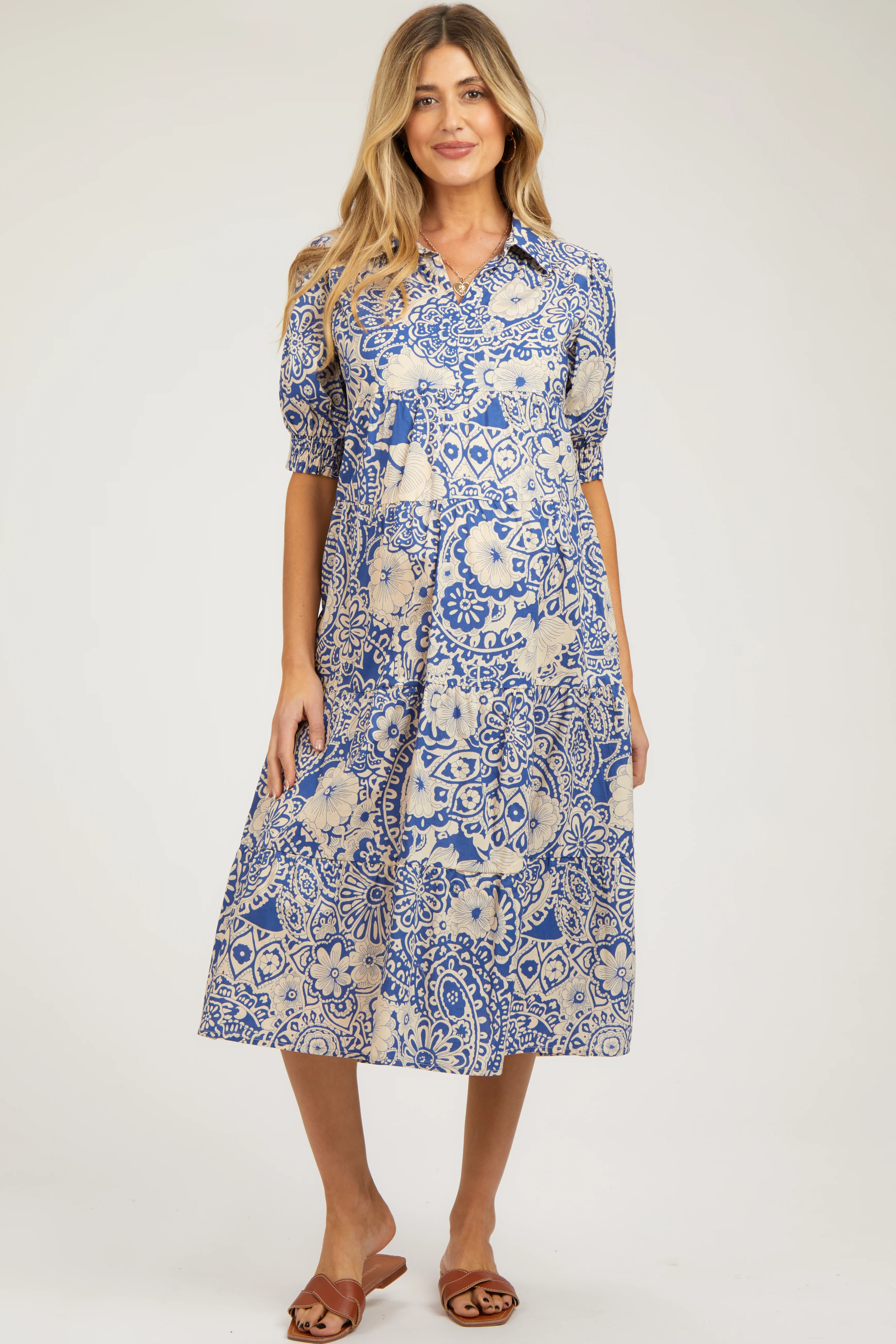 Blue Floral Collared Tiered Maternity Midi Dress - Image 2