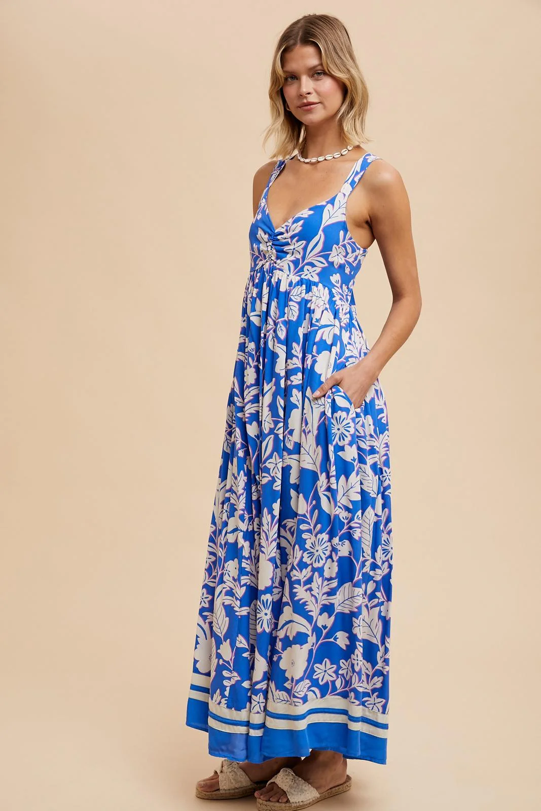 Blue Floral Cutout Back Tie Maxi Dress - Image 3