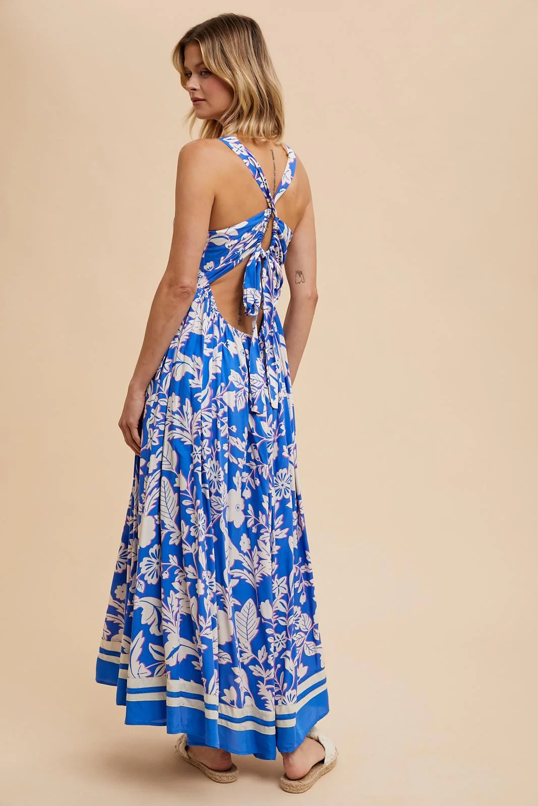 Blue Floral Cutout Back Tie Maxi Dress - Image 4