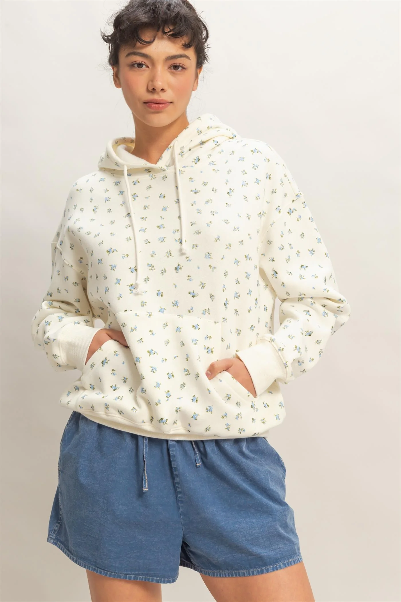 Blue Floral French Terry Hoodie - Image 4
