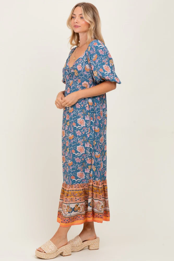 Blue Floral Front Twist Midi Dress - Image 3