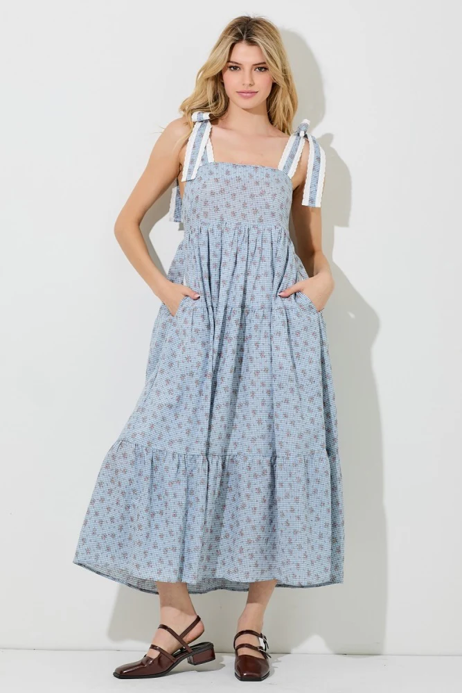 Blue Floral Gingham Shoulder Tie Maternity Midi Dress - Image 5