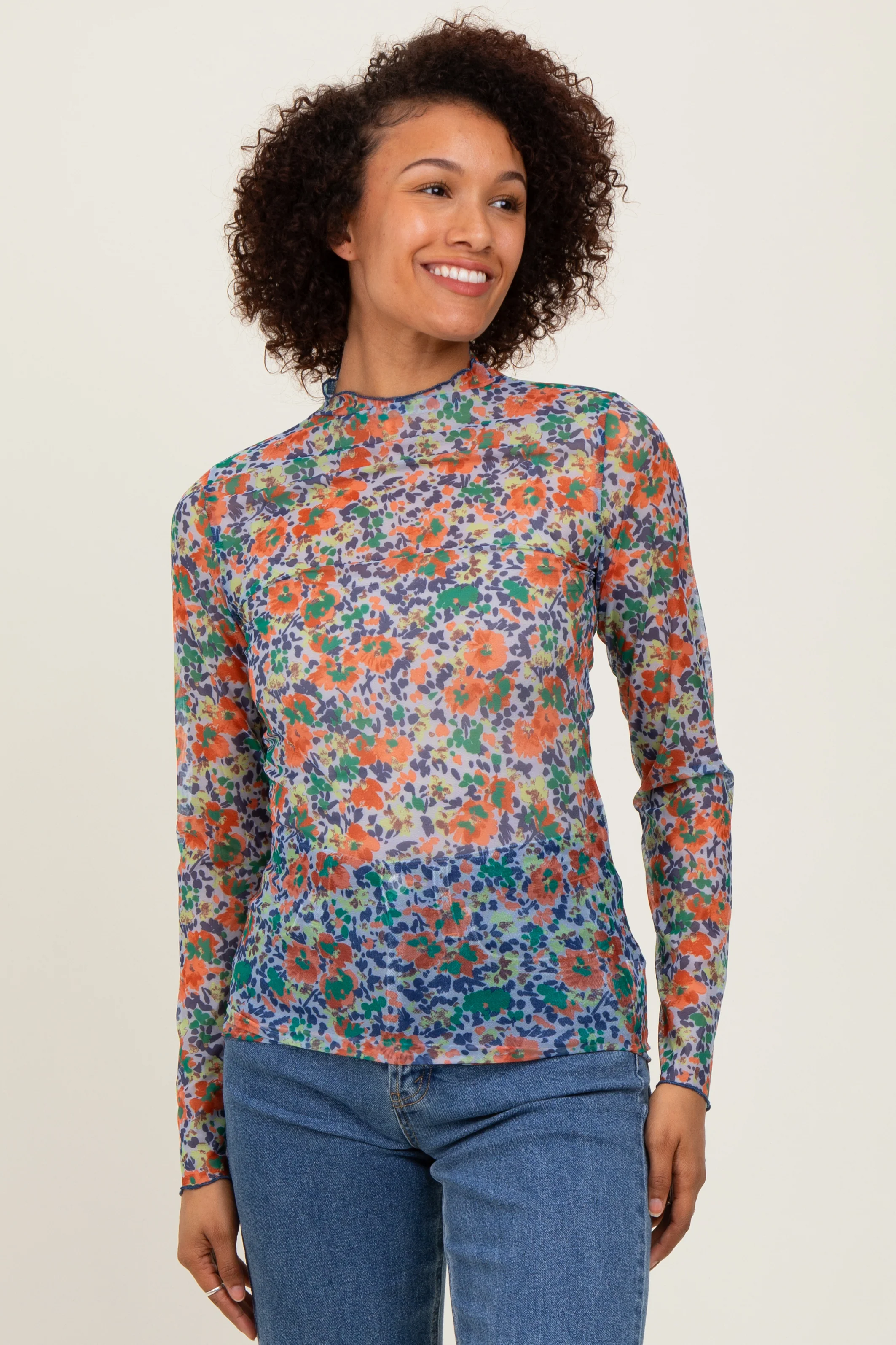 Blue Floral Mesh Long Sleeve Turtle Neck Maternity Top - Image 3