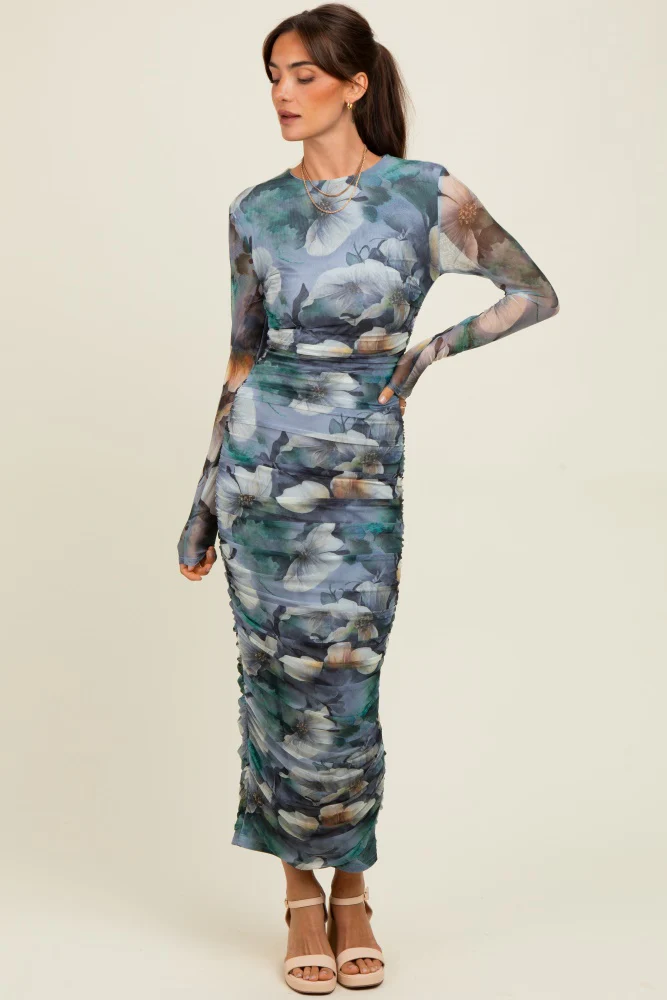Blue Floral Mesh Overlay Ruched Maternity Midi Dress - Image 4