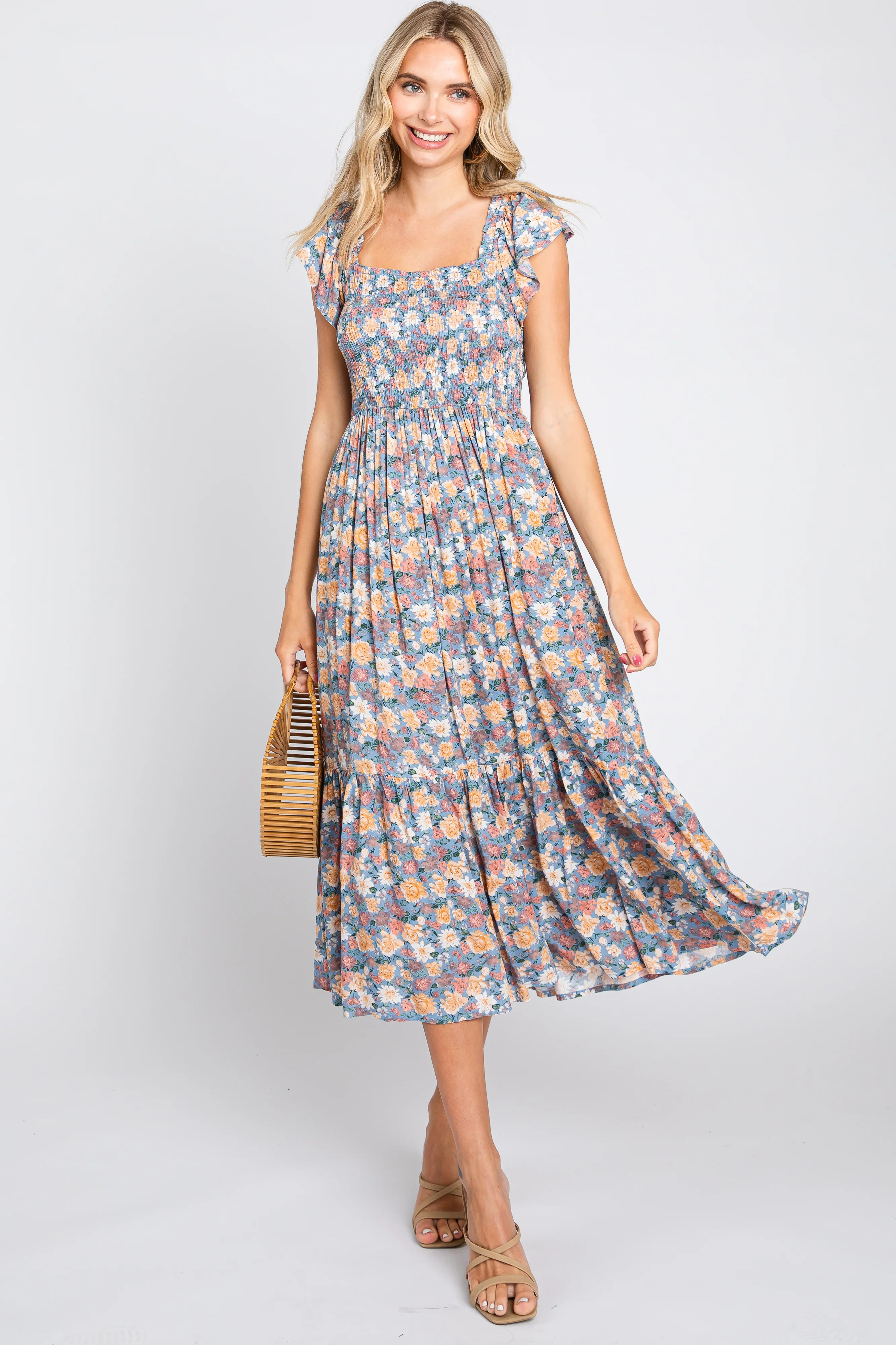 Blue Floral Off Shoulder Smocked Midi Dress - Image 4