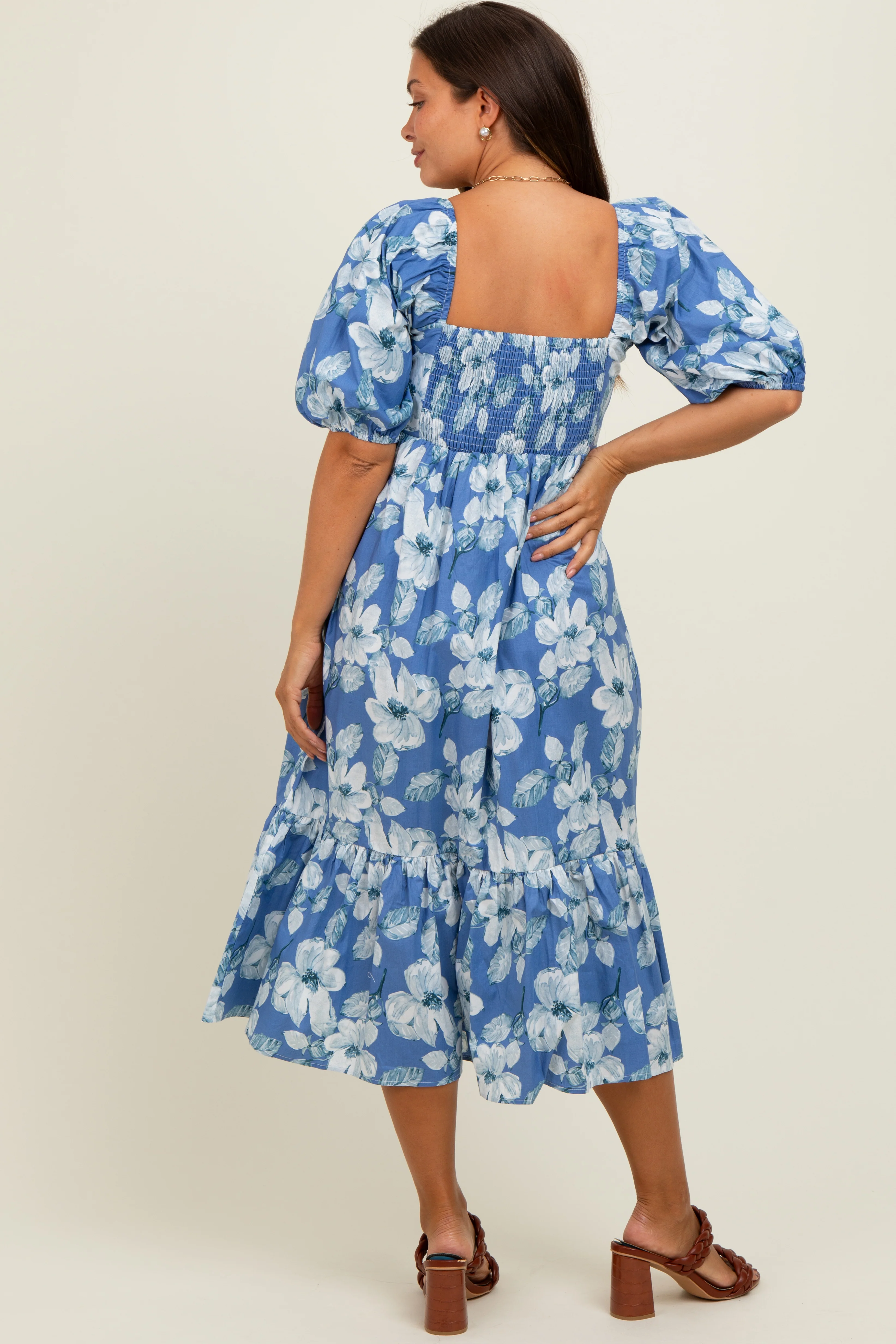 Blue Floral Pleated Bodice Maternity Midi Dress - Image 4