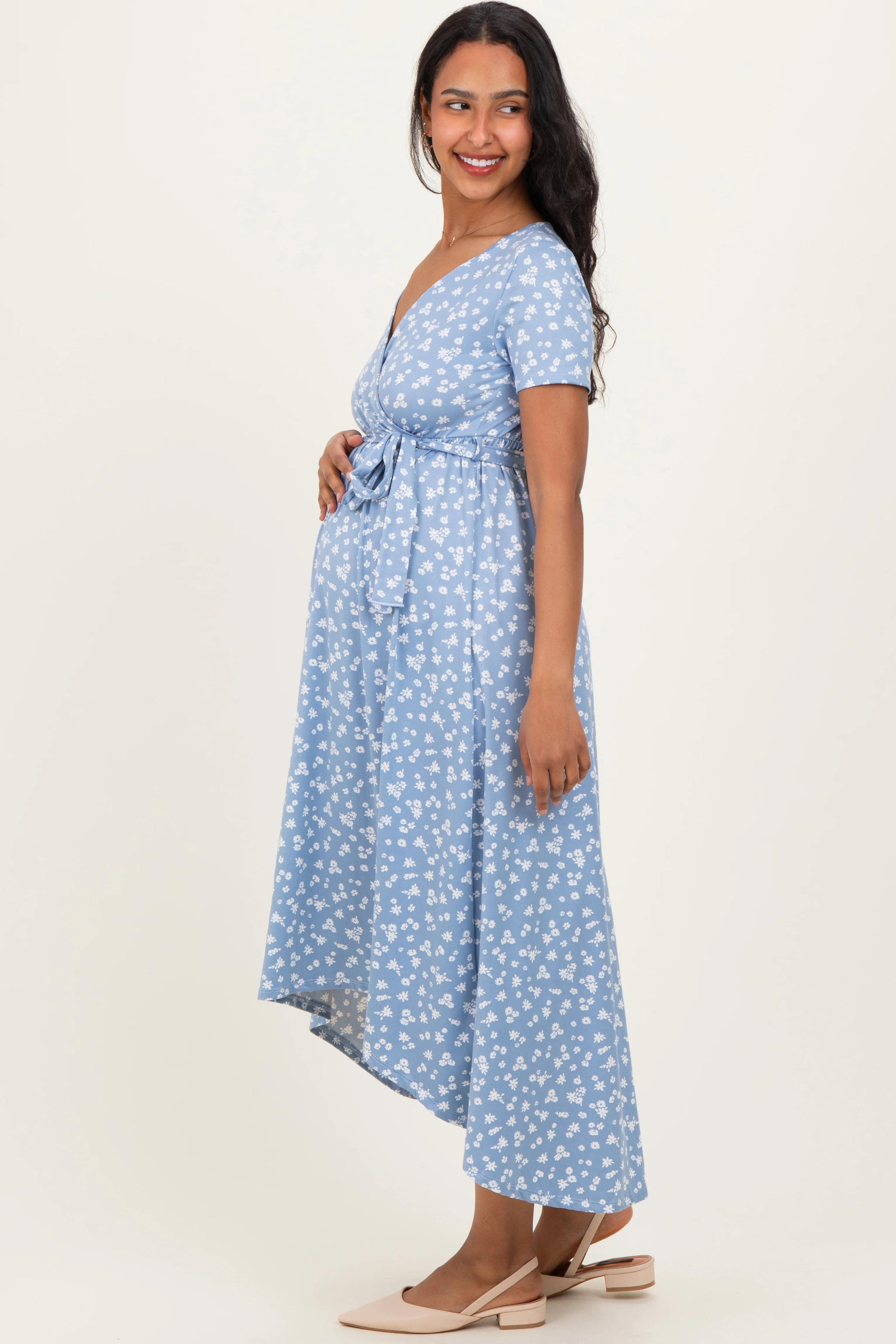 Blue Floral Print Short Sleeve Hi-Low Maternity Wrap Dress - Image 3