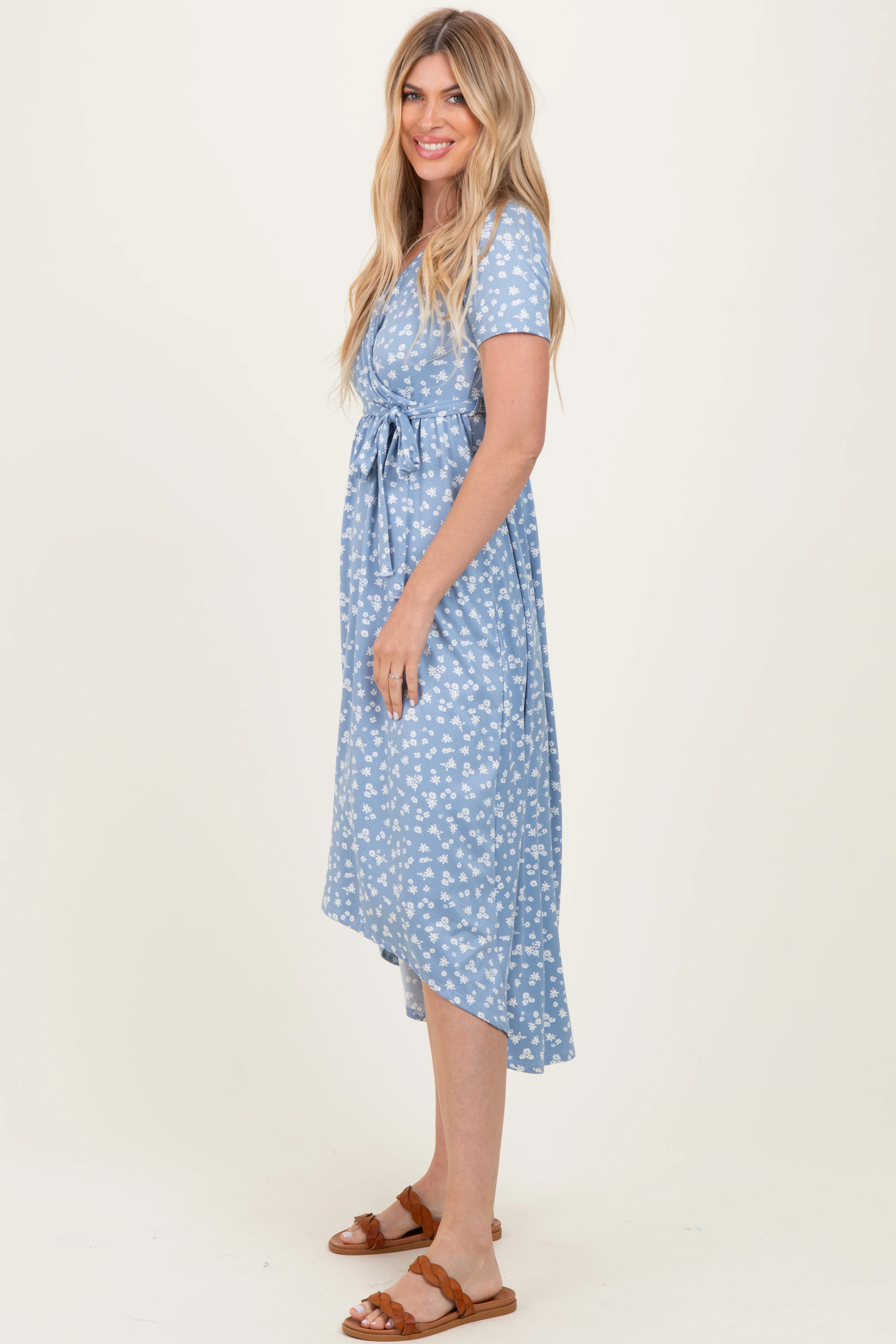 Blue Floral Print Short Sleeve Hi-Low Wrap Dress - Image 3