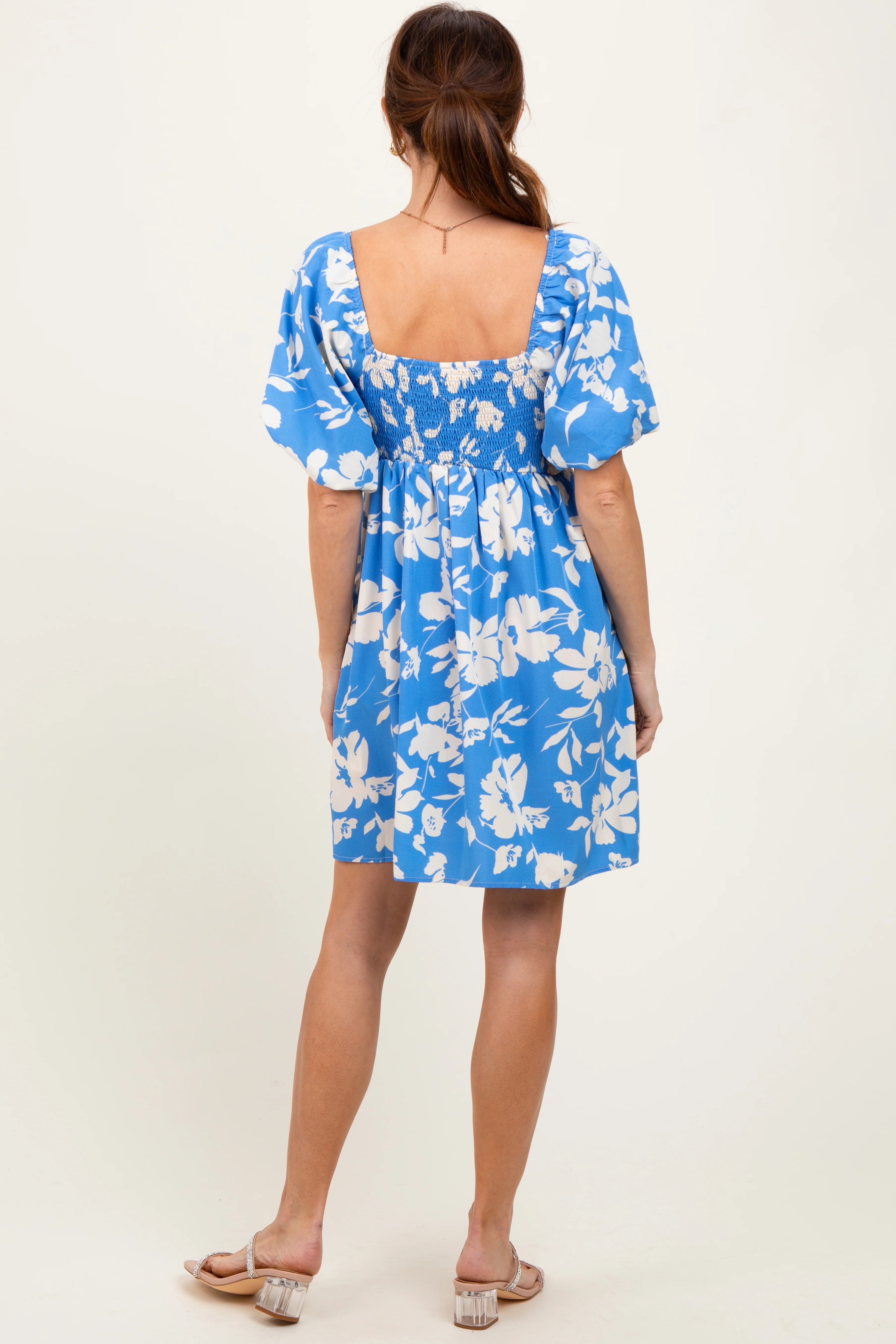 Blue Floral Puff Sleeve Mini Dress - Image 4