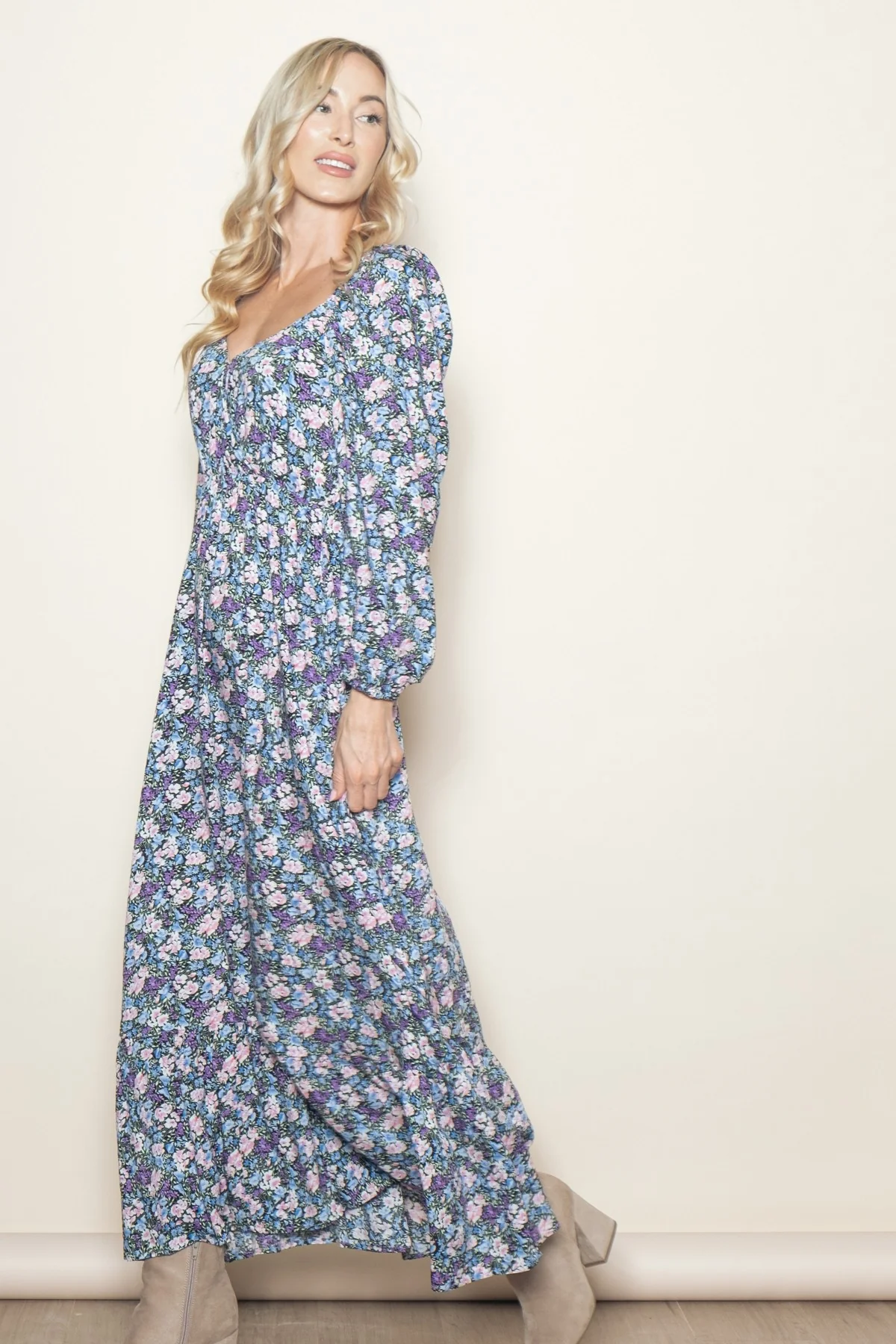 Blue Floral Reversible Long Sleeve Maxi Dress - Image 2
