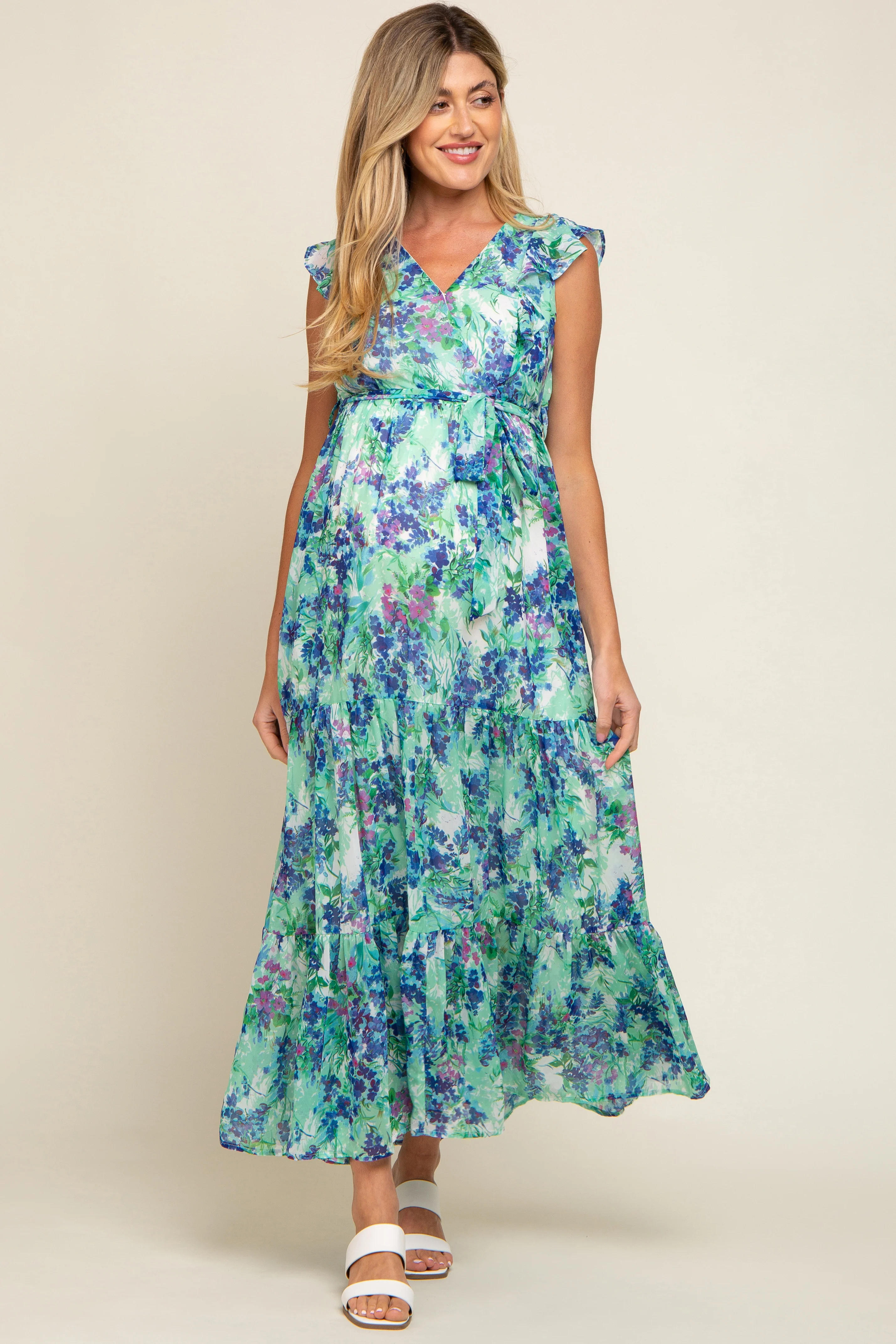 Blue Floral Ruffle Accent Waist Tie Maternity Maxi Dress - Image 2