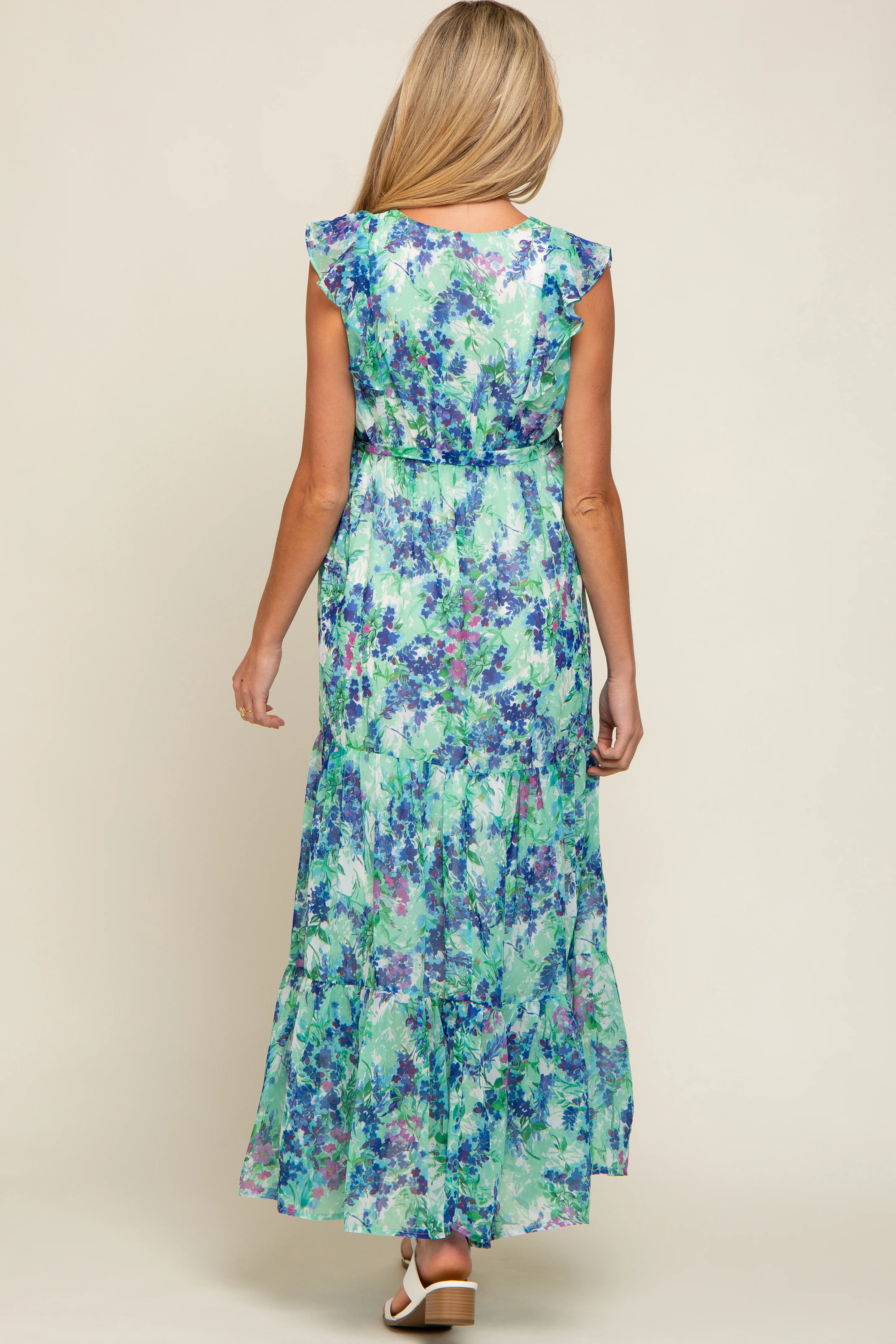 Blue Floral Ruffle Accent Waist Tie Maternity Maxi Dress - Image 4