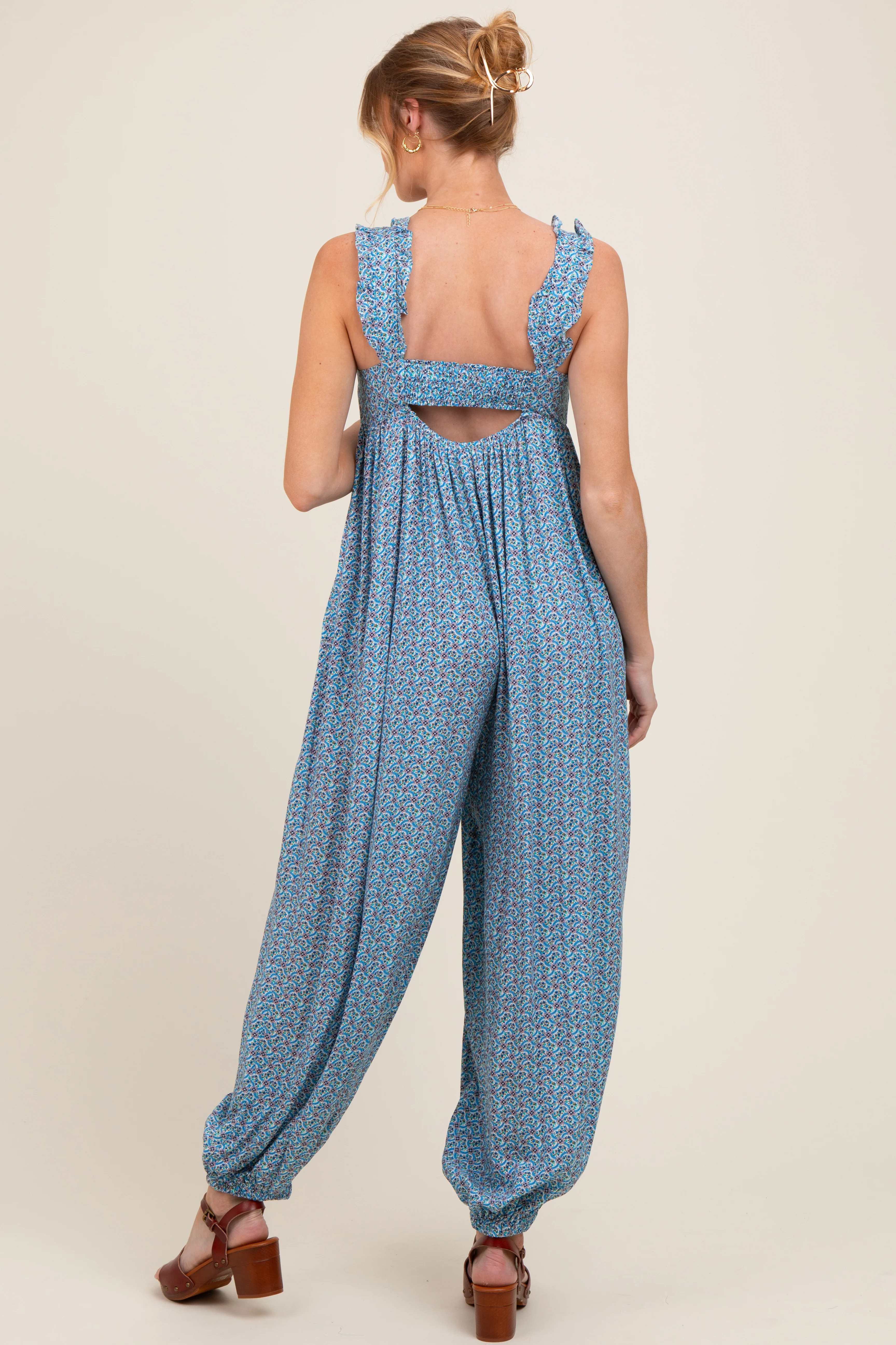 Blue Floral Ruffle Strap Barrel Leg Maternity Jumpsuit - Image 3