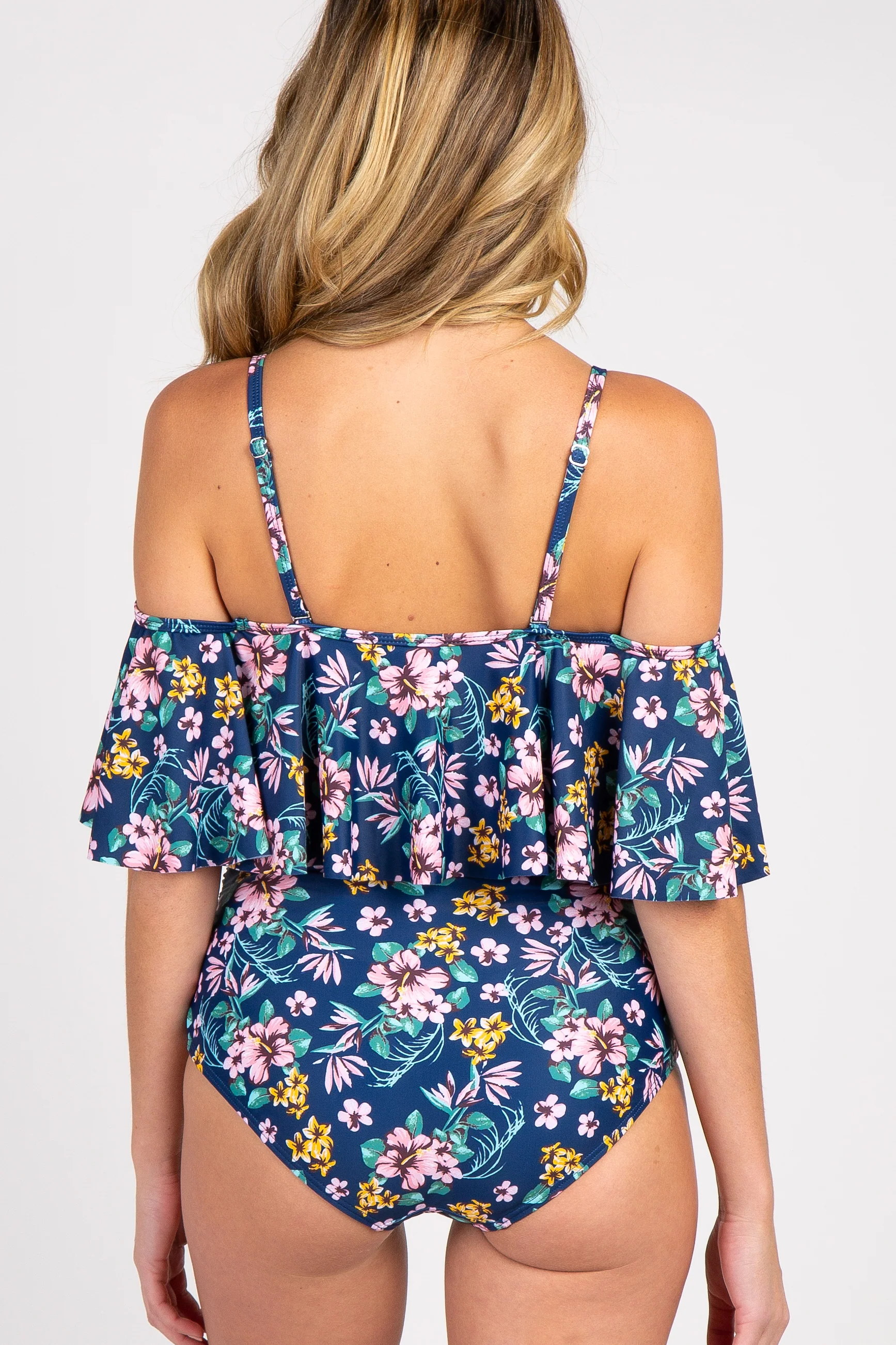 Blue Floral Ruffle Trim Ruched One-Piece Maternity Swimsuit - Image 5