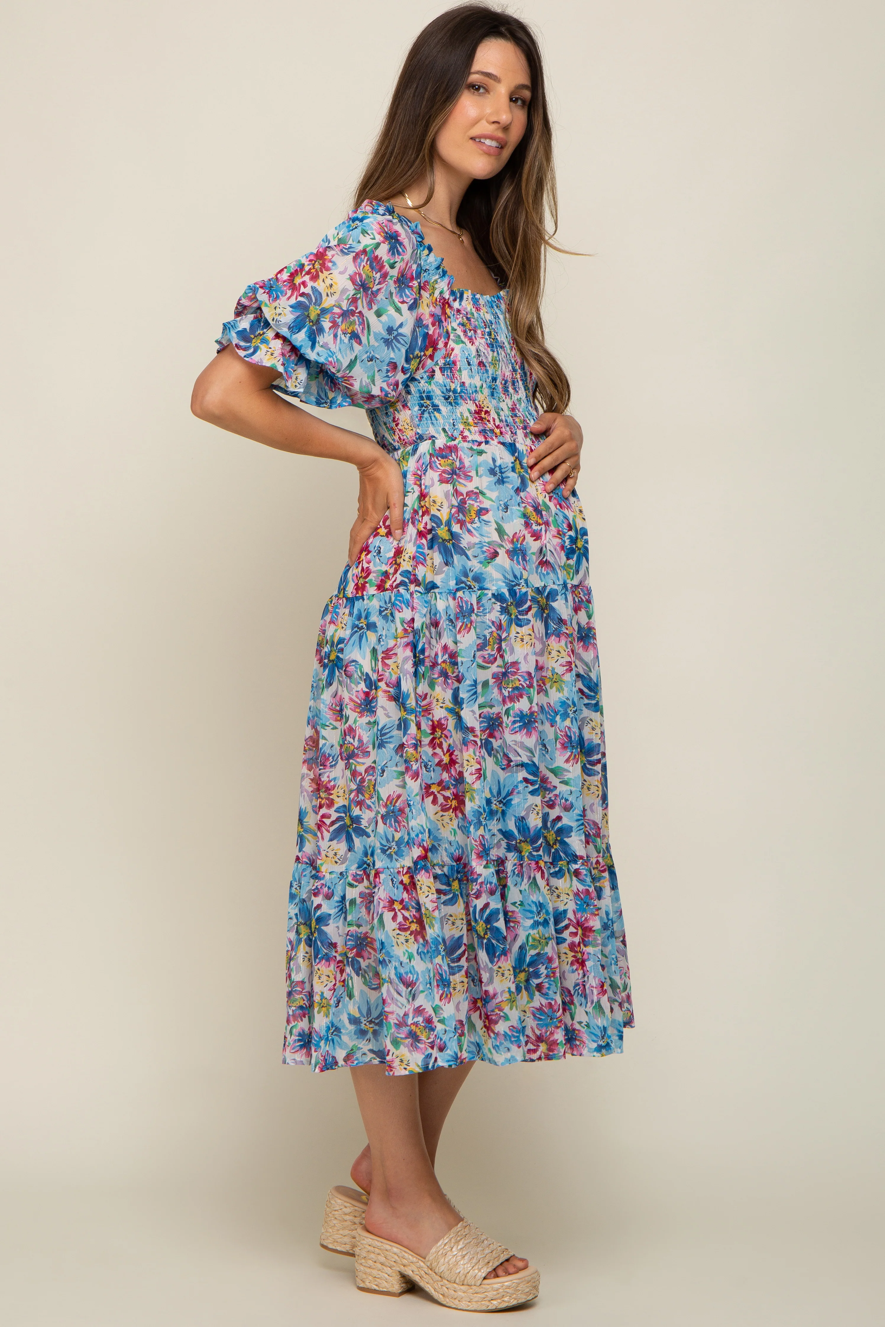 Blue Floral Shimmer Chiffon Ruffle Square Neck Smocked Maternity Midi Dress - Image 3