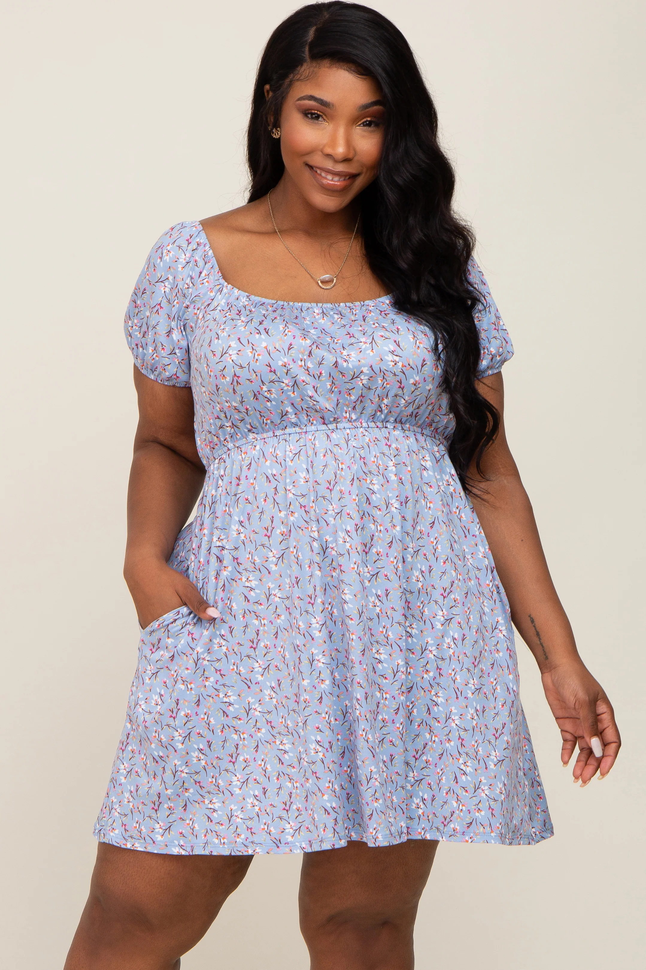 Blue Floral Short Puff Sleeve Maternity Dress - Image 5
