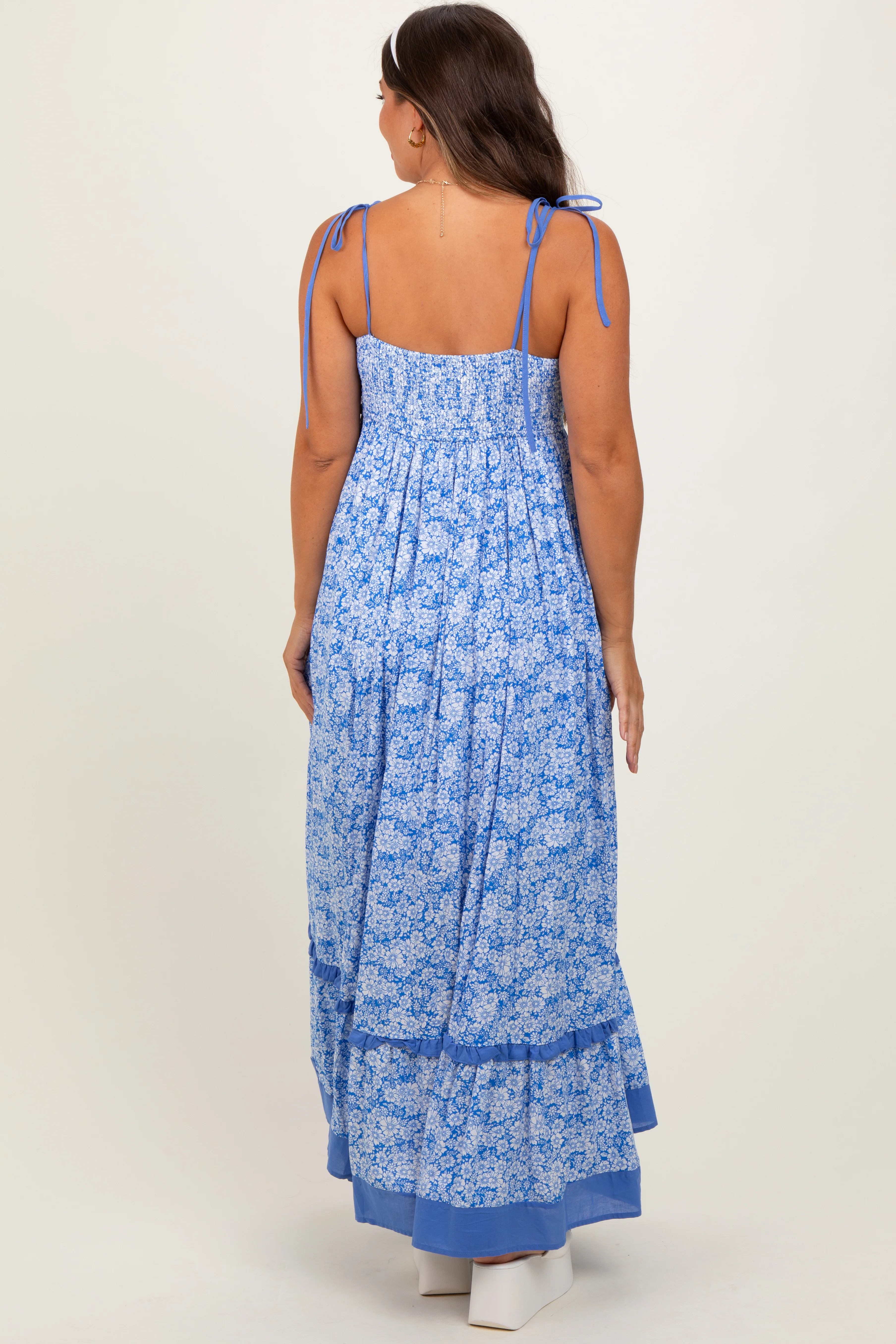 Blue Floral Shoulder Tie Maternity Maxi Dress - Image 3