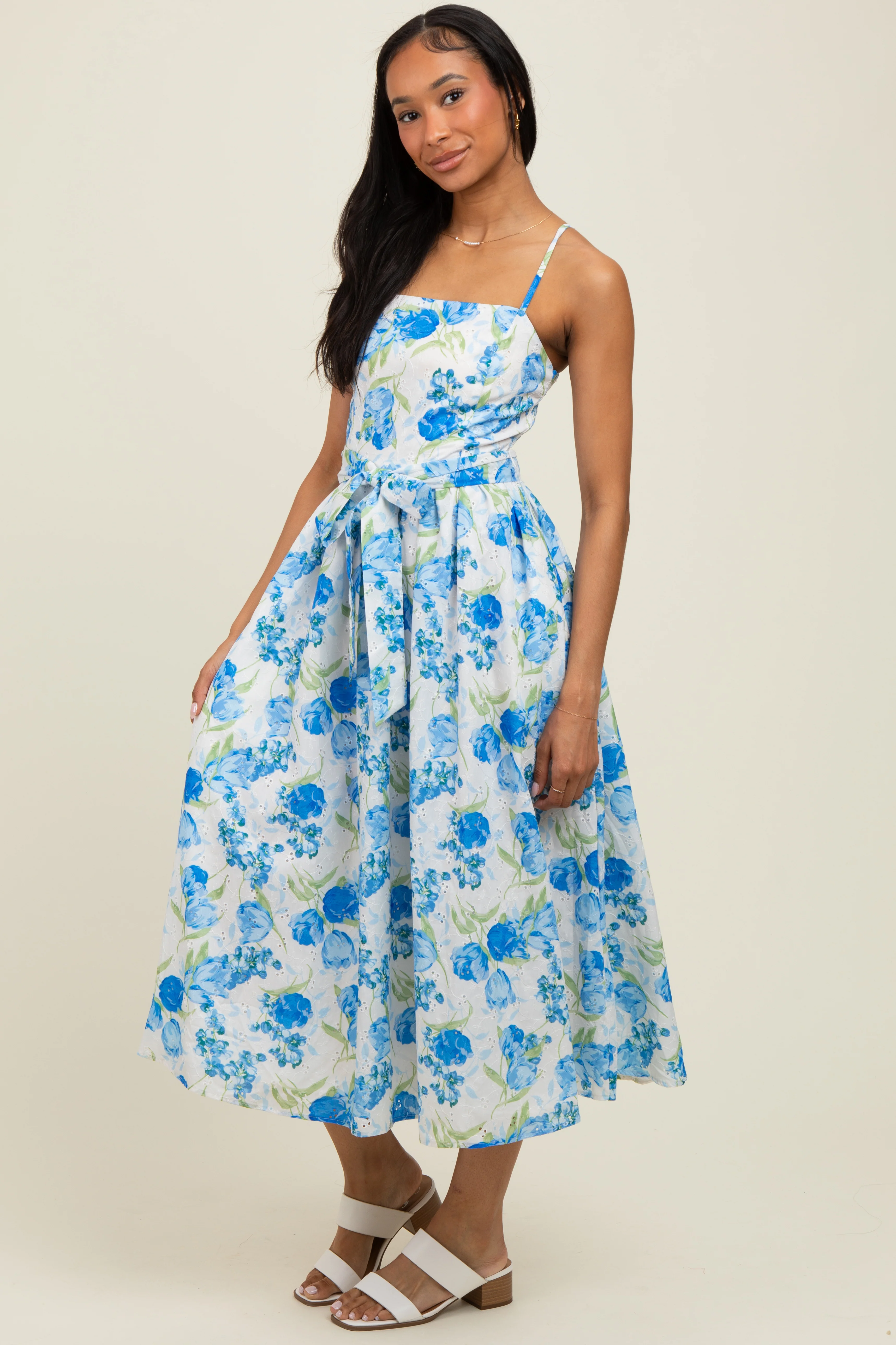 Blue Floral Sleeveless Sash Tie Midi Dress - Image 3