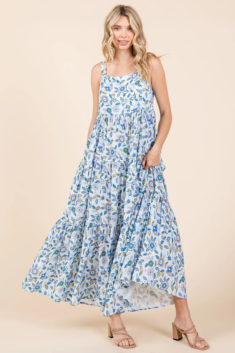 Blue Floral Sleeveless Tiered Maxi Dress - Image 2
