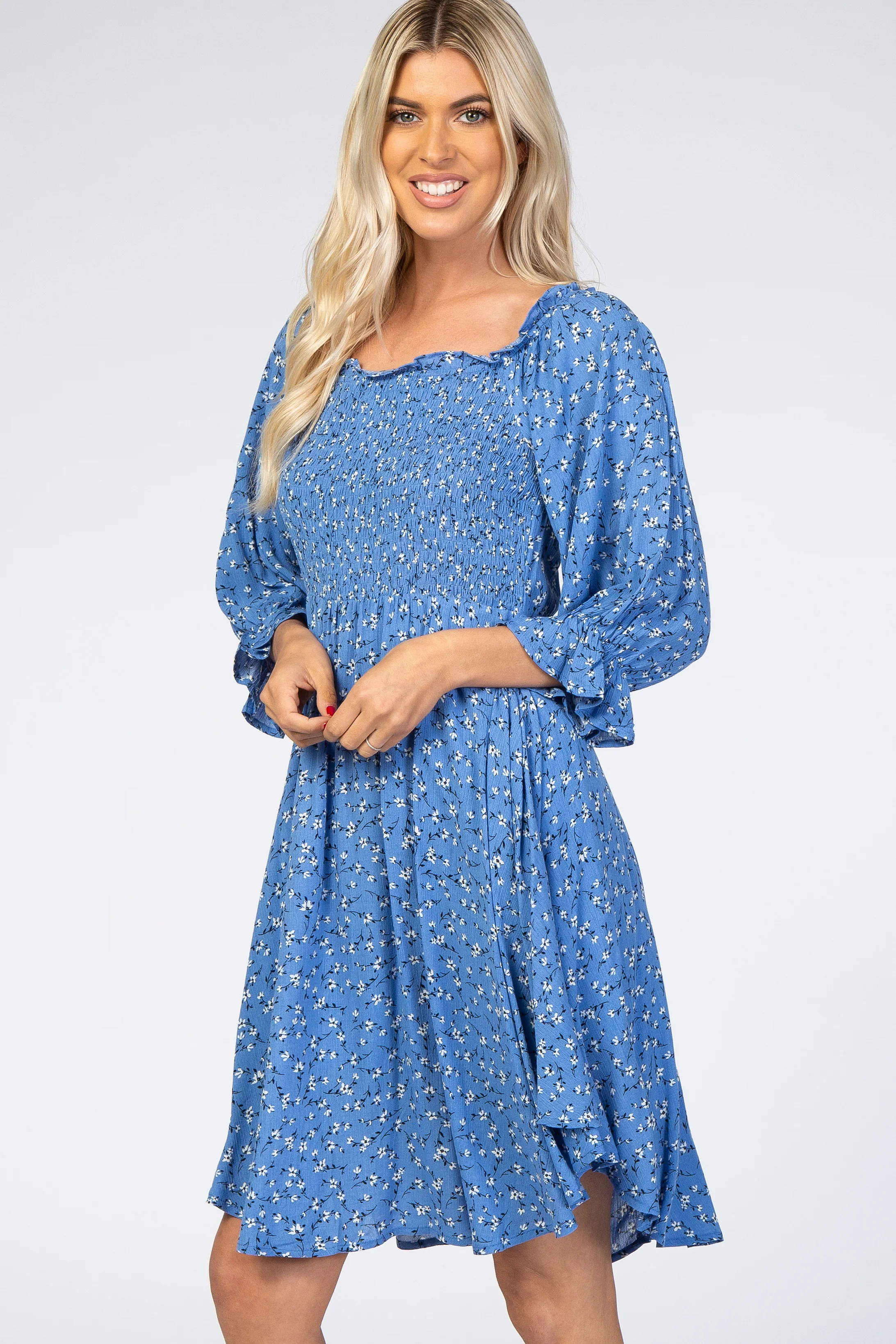Blue Floral Smocked Dress - Image 2