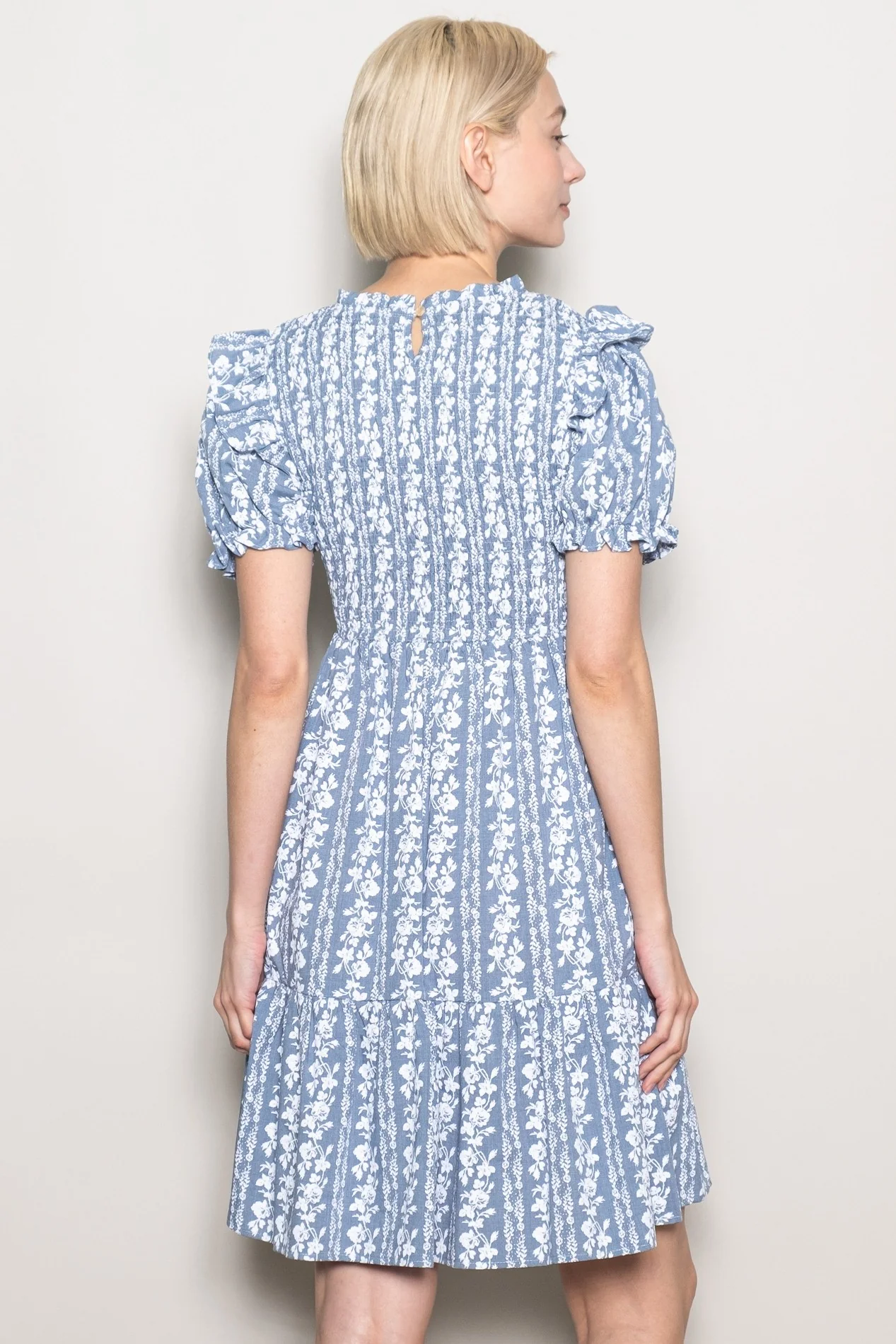 Blue Floral Smocked Ruffle Accent Dress - Image 3