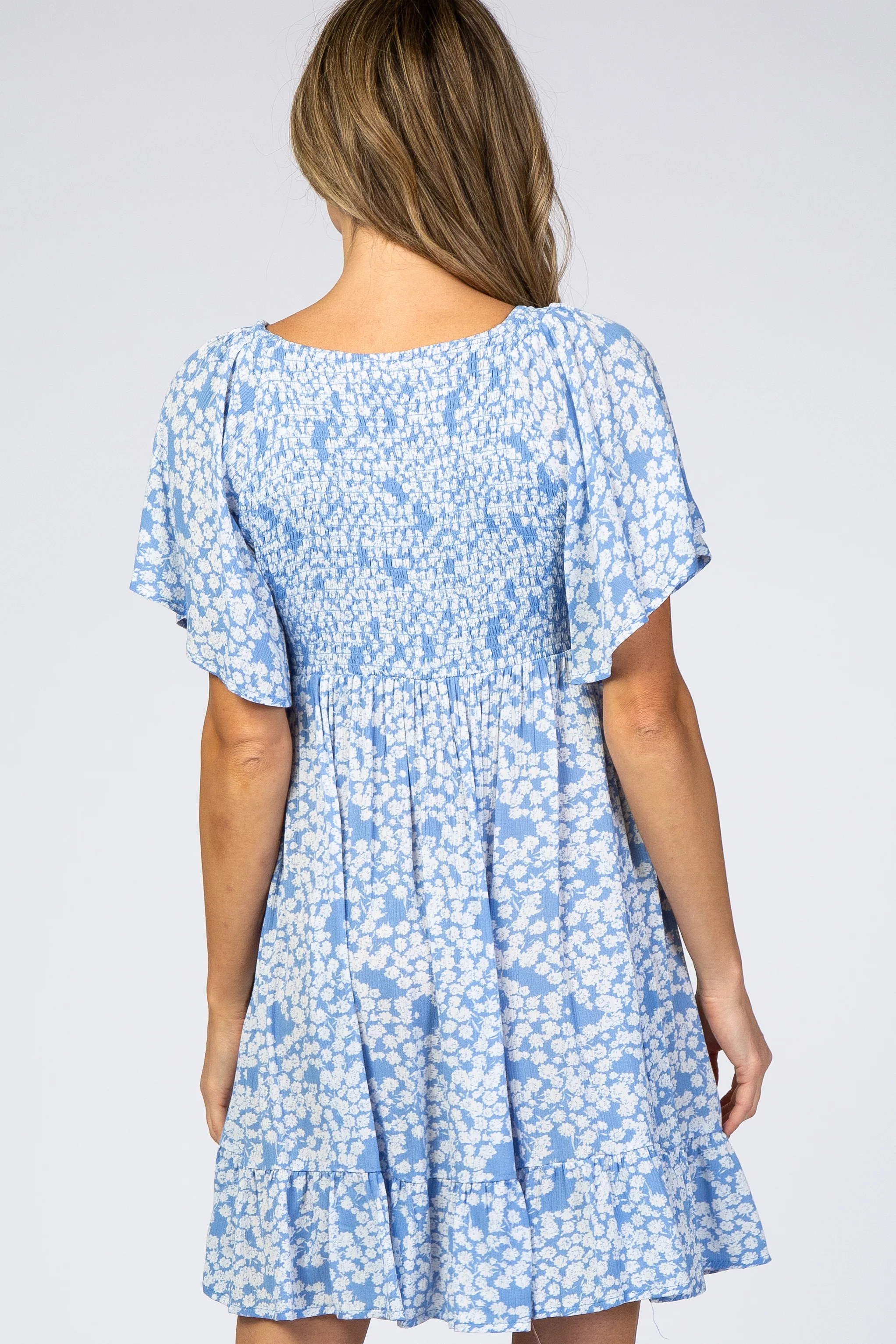 Blue Floral Smocked Ruffle Dress - Image 3