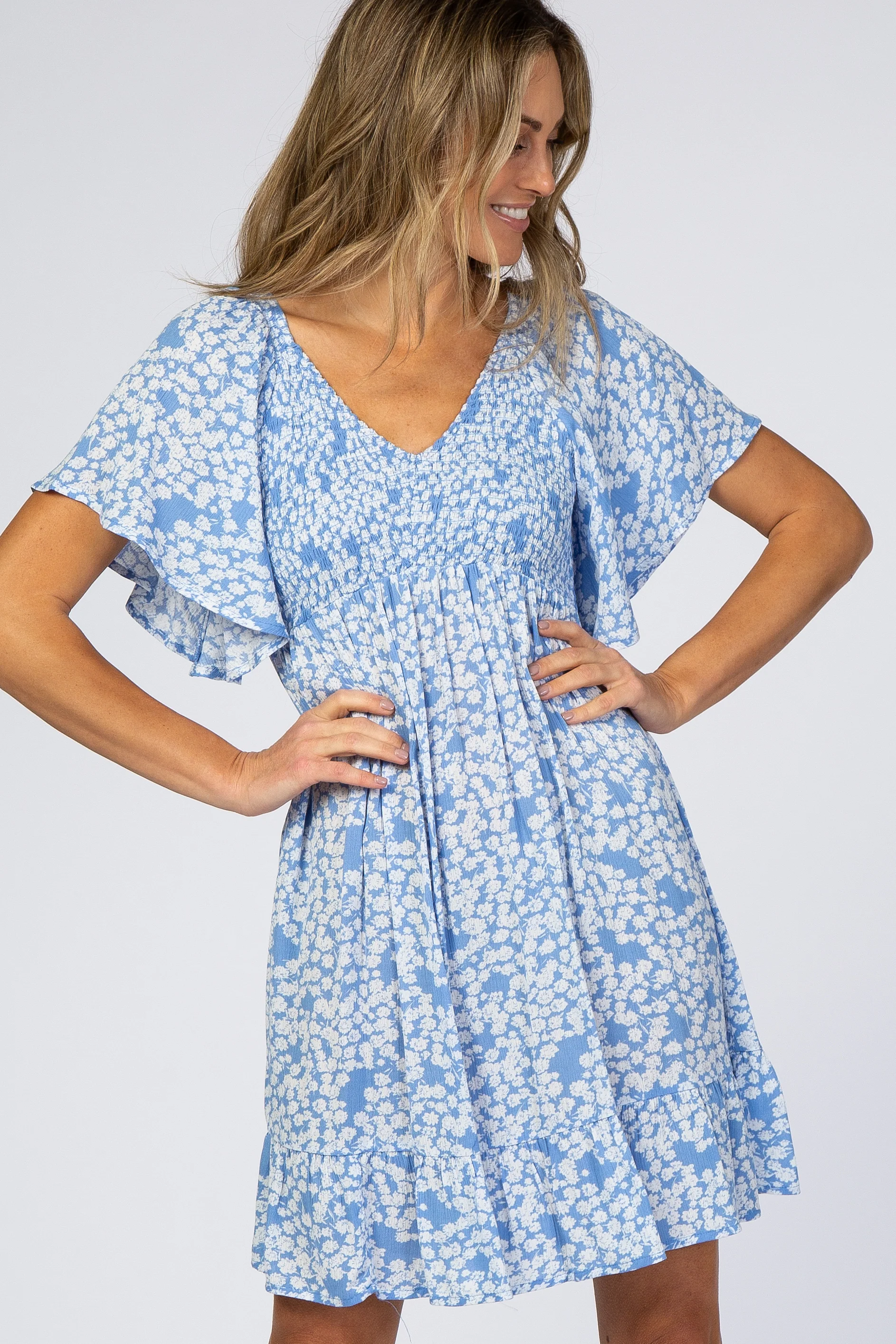 Blue Floral Smocked Ruffle Dress - Image 4