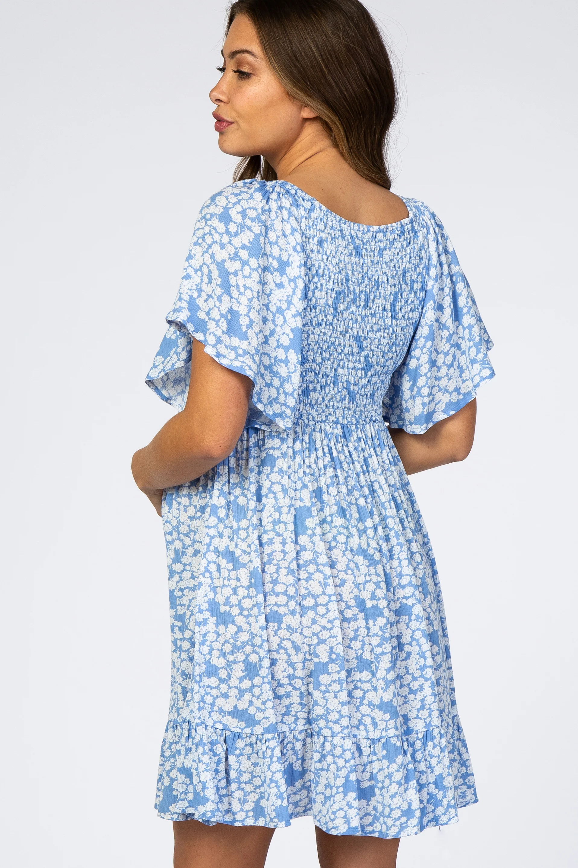 Blue Floral Smocked Ruffle Maternity Dress - Image 3