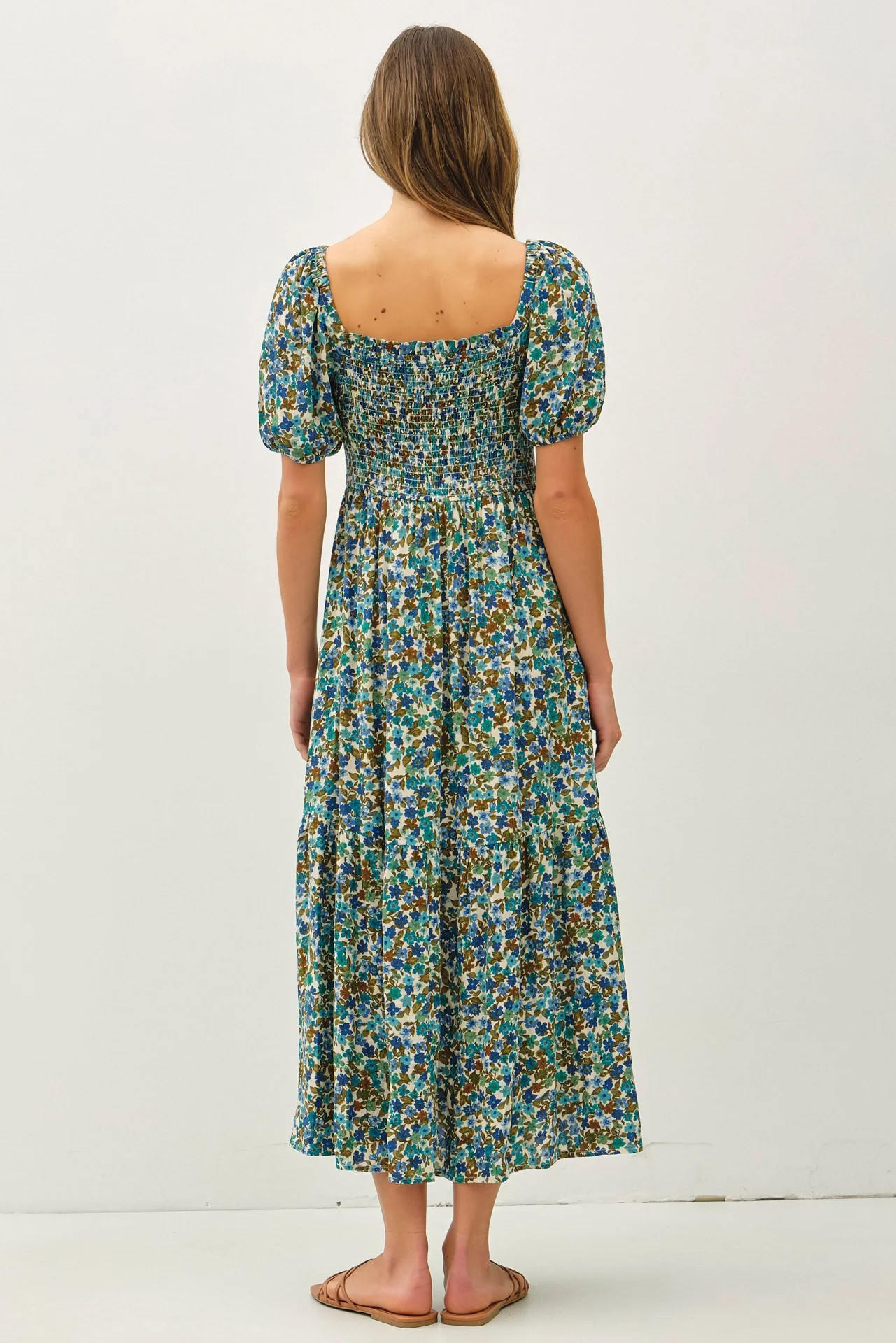 Blue Floral Smocked Tiered Midi Dress - Image 3