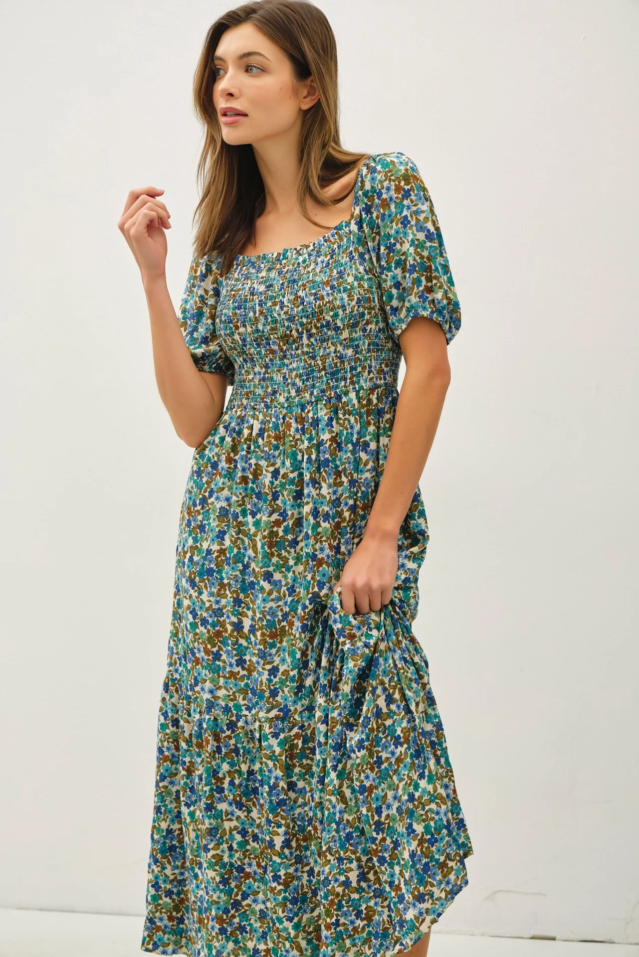 Blue Floral Smocked Tiered Midi Dress - Image 4