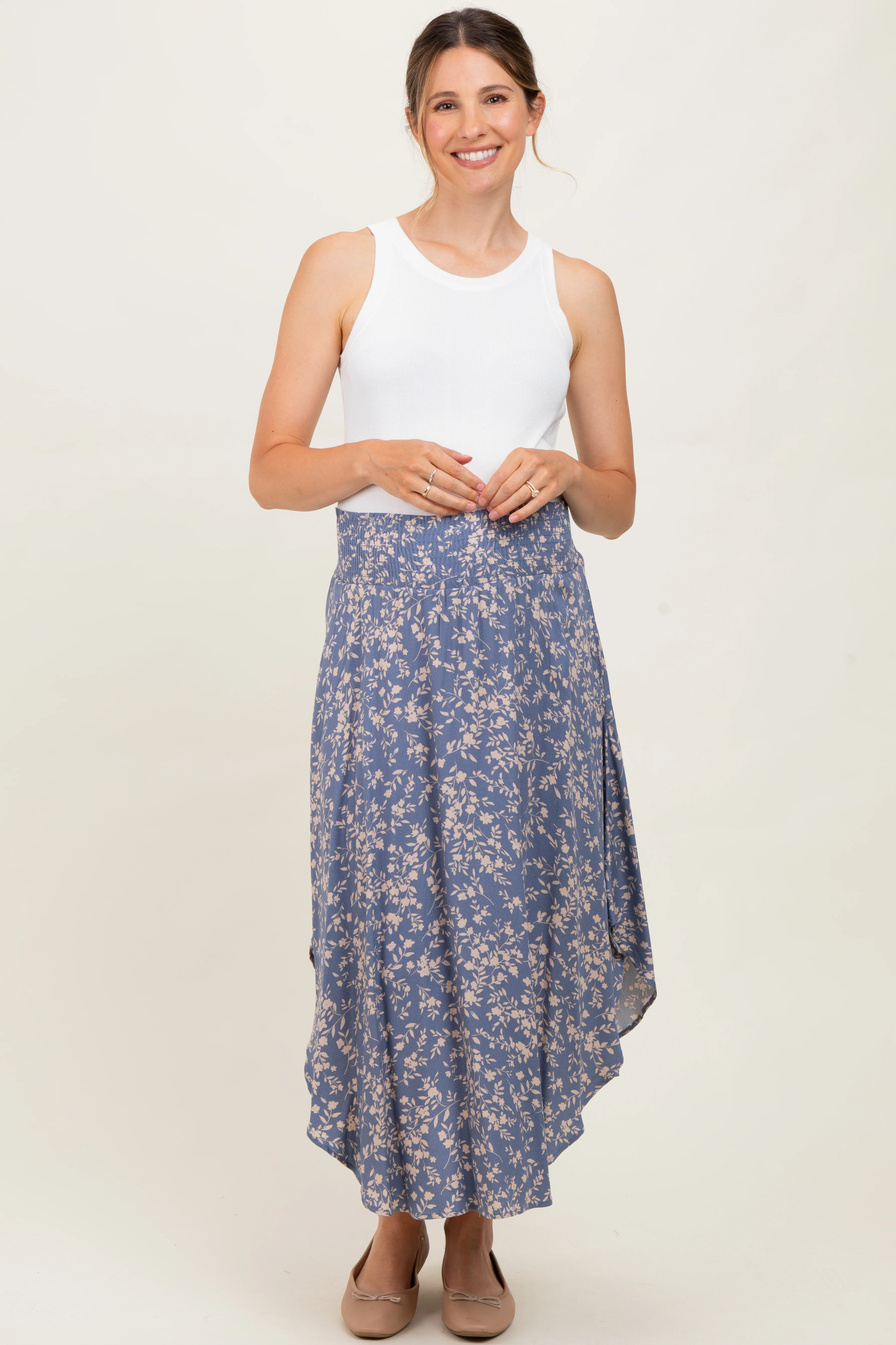 Blue Floral Smocked Waist Maternity Skirt - Image 2