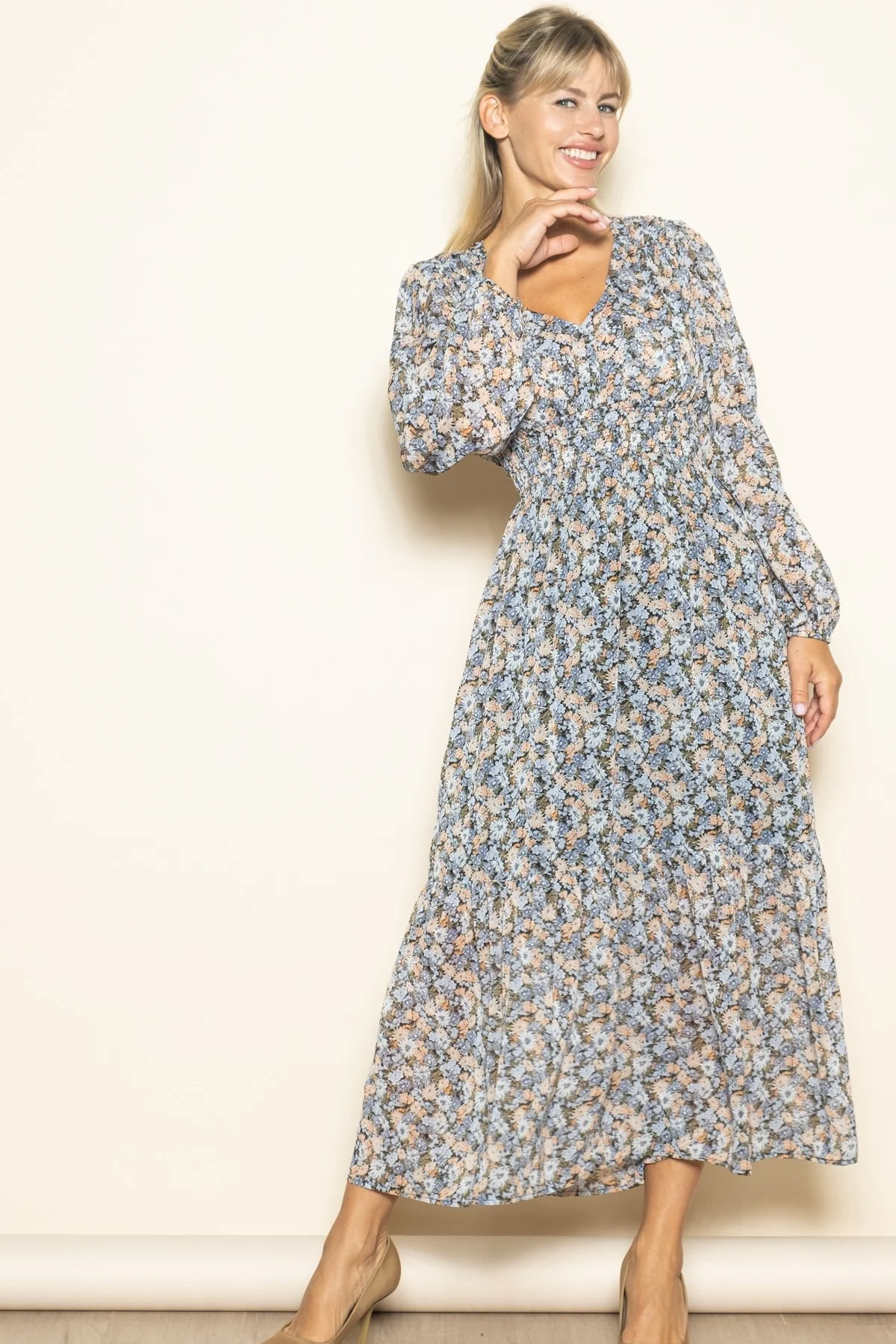 Blue Floral Smocked Waist Maxi Dress - Image 2