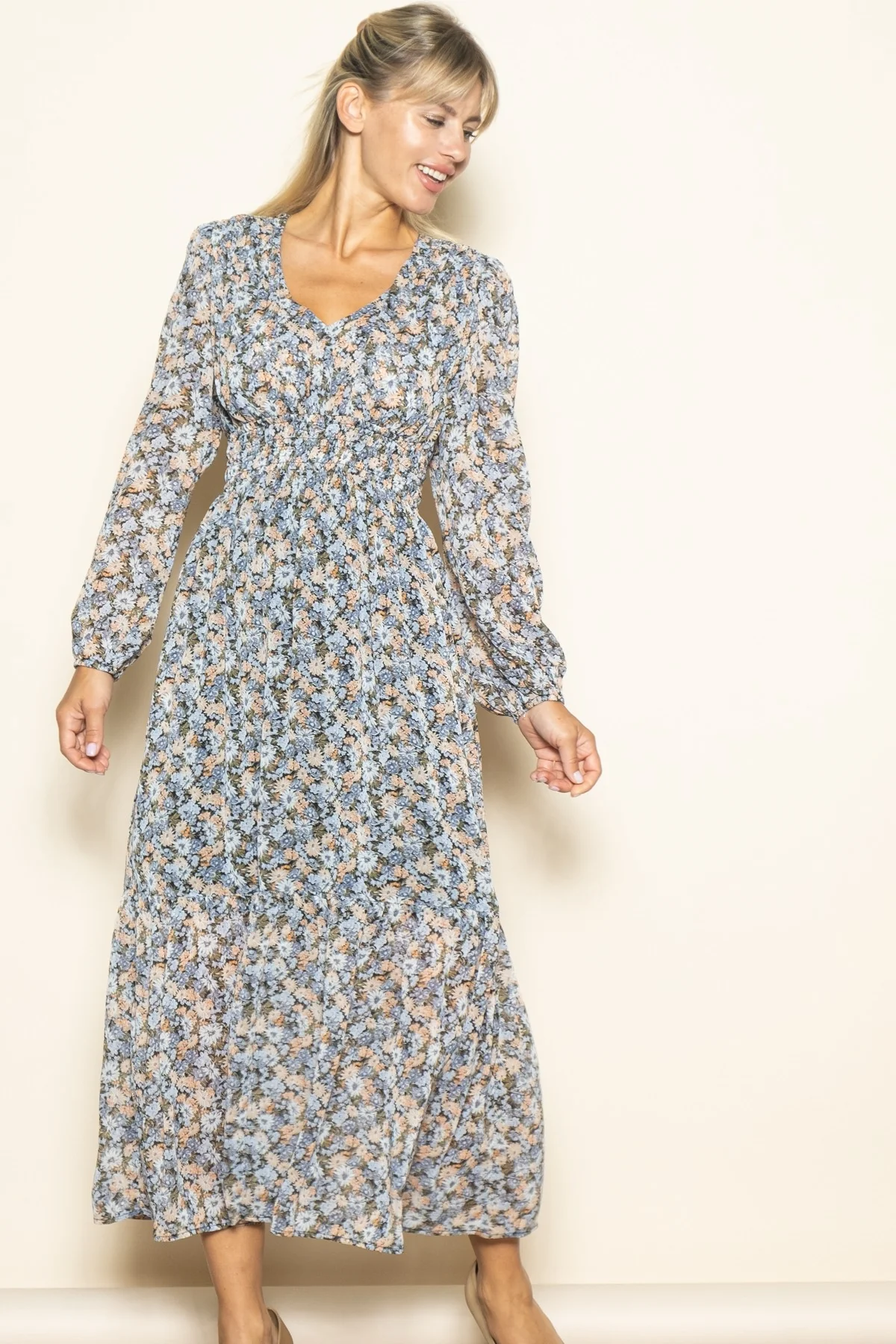 Blue Floral Smocked Waist Maxi Dress - Image 3