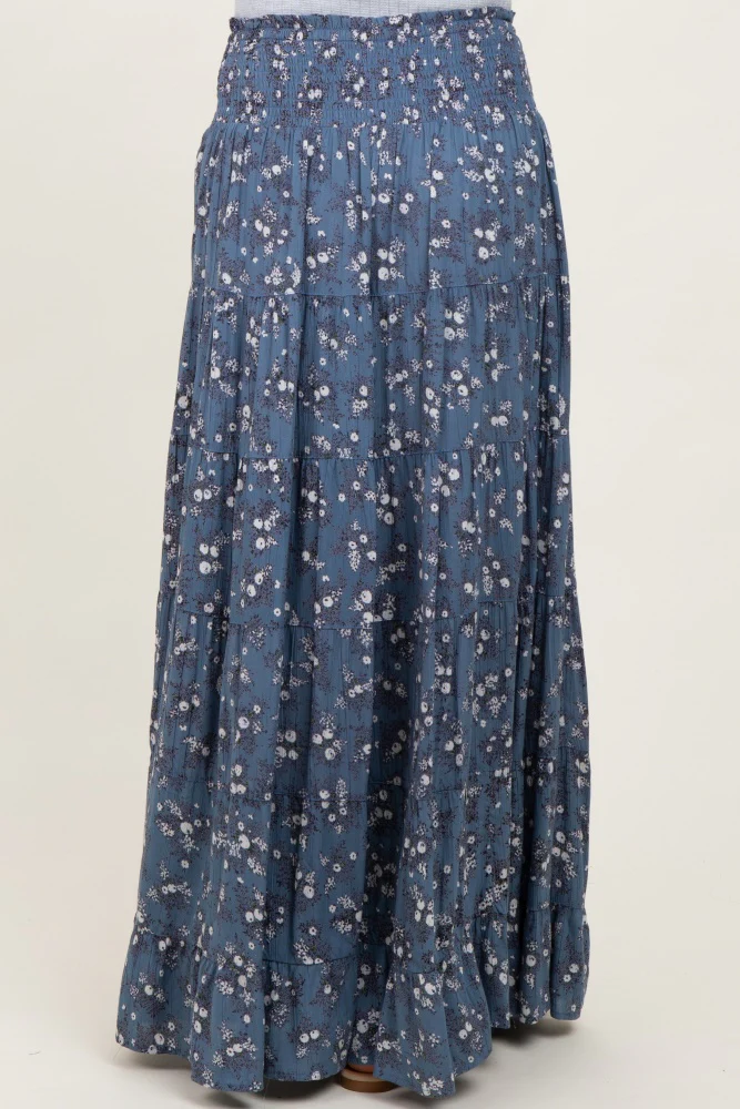 Blue Floral Smocked Waist Tiered Maxi Skirt - Image 5