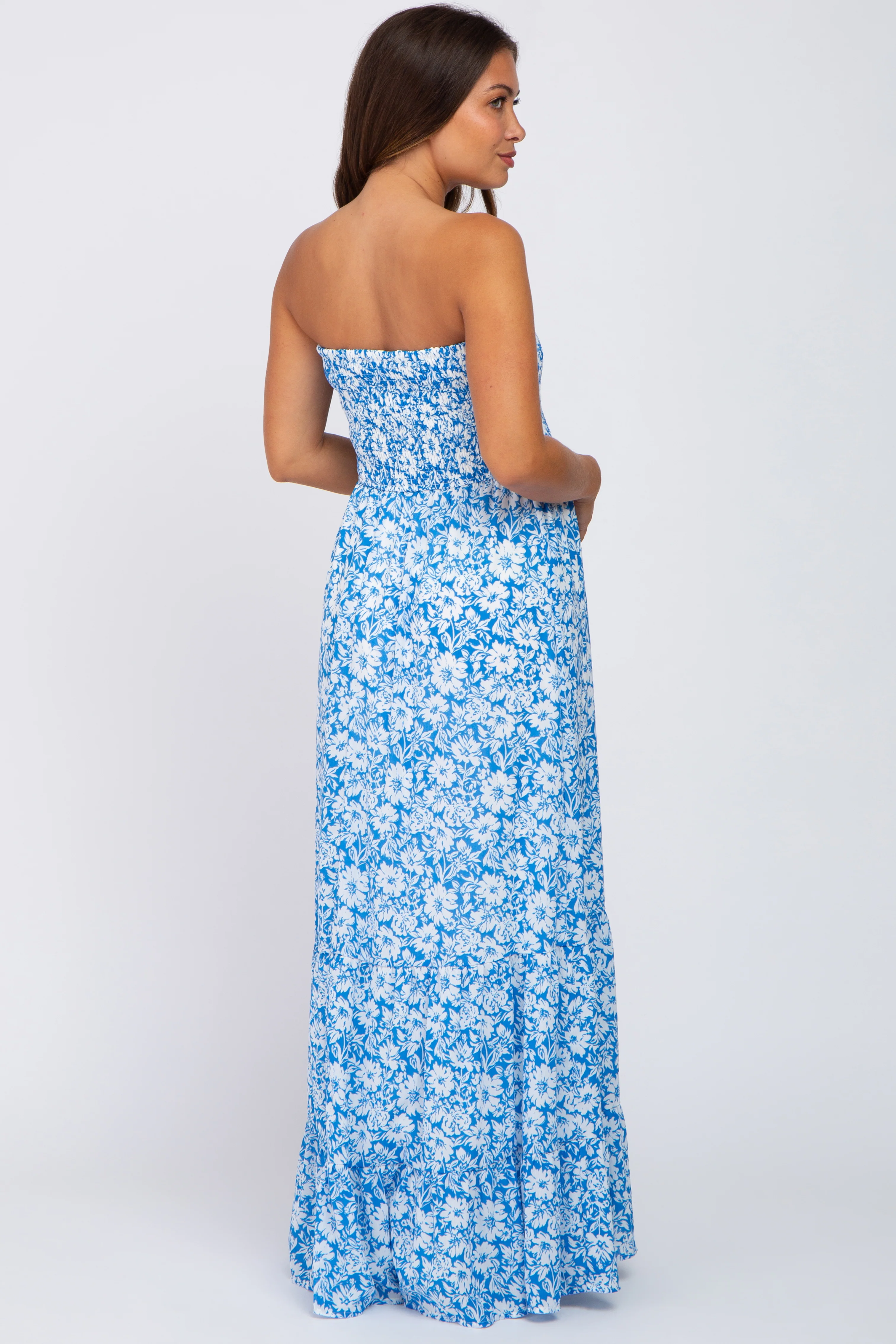 Blue Floral Strapless Smocked Maternity Maxi Dress - Image 3