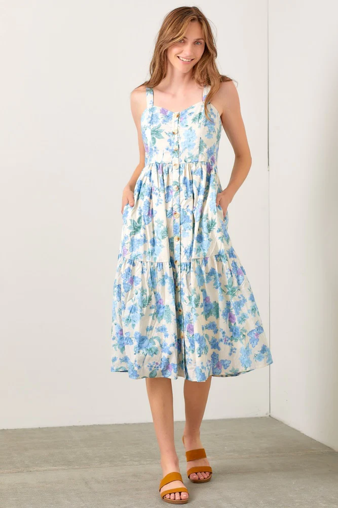 Blue Floral Sweetheart Neck Button Front Midi Dress - Image 4