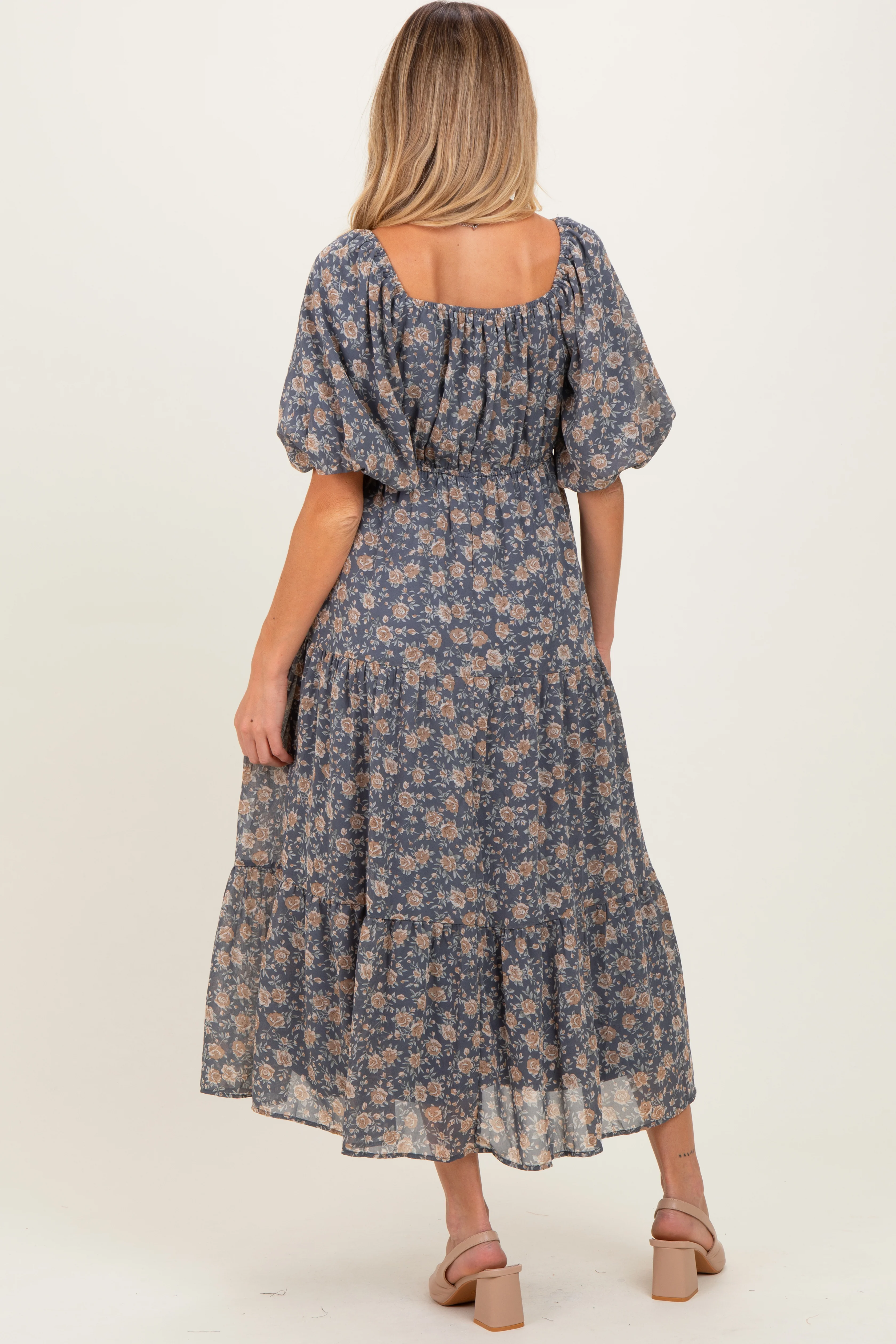 Blue Floral Sweetheart Neckline Puff Sleeve Maternity Maxi Dress - Image 4