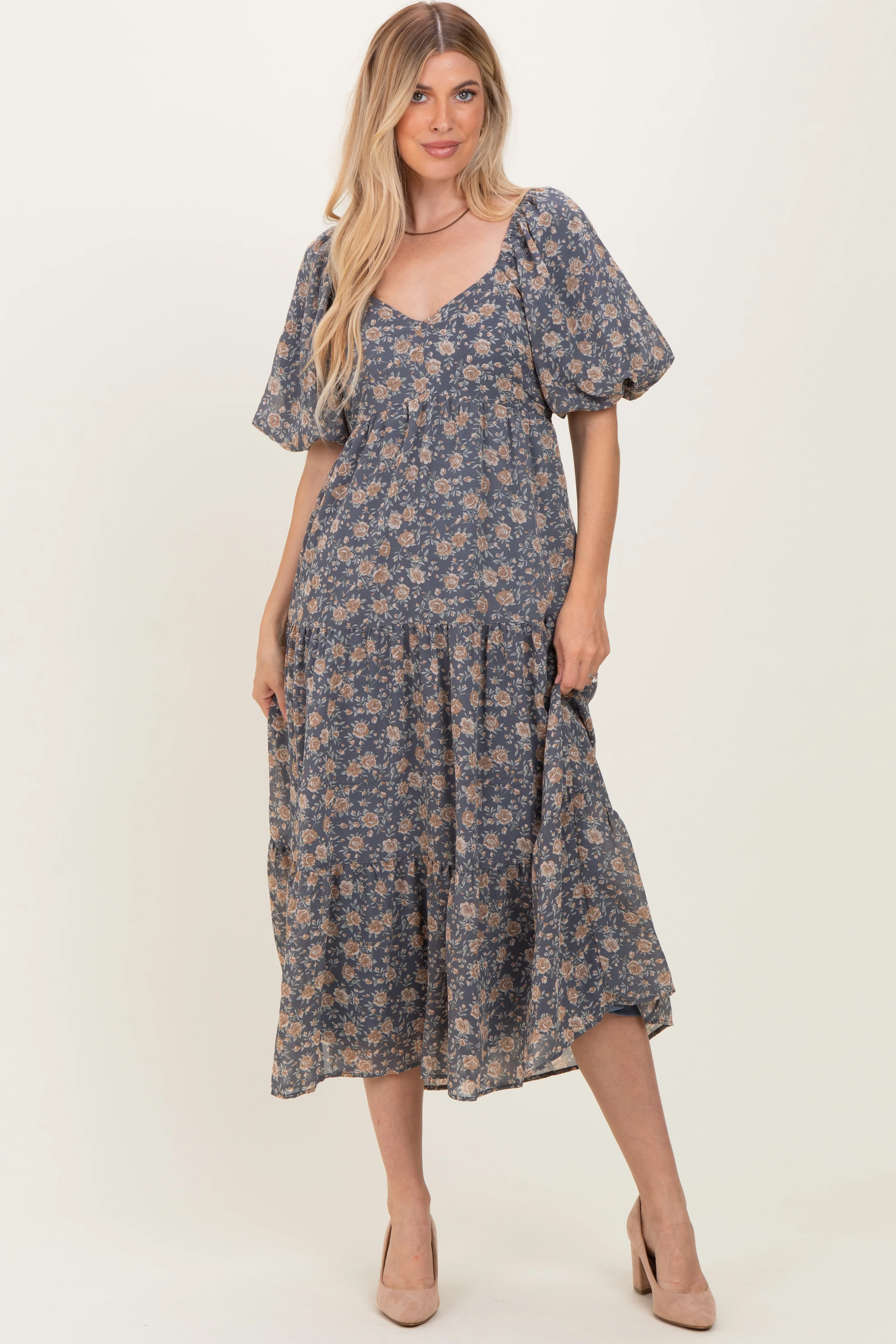 Blue Floral Sweetheart Neckline Puff Sleeve Maternity Maxi Dress - Image 5