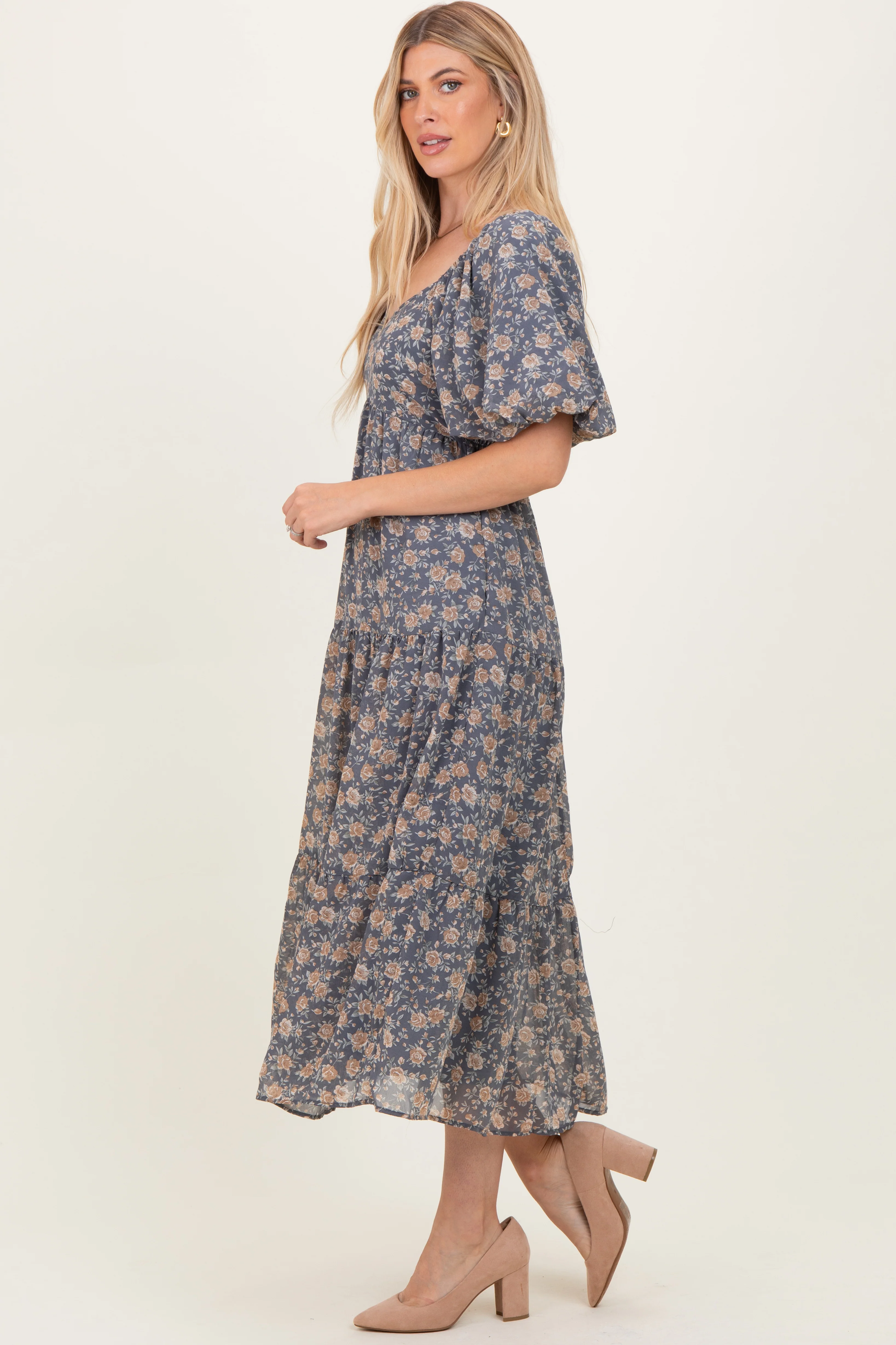 Blue Floral Sweetheart Neckline Puff Sleeve Maxi Dress - Image 2