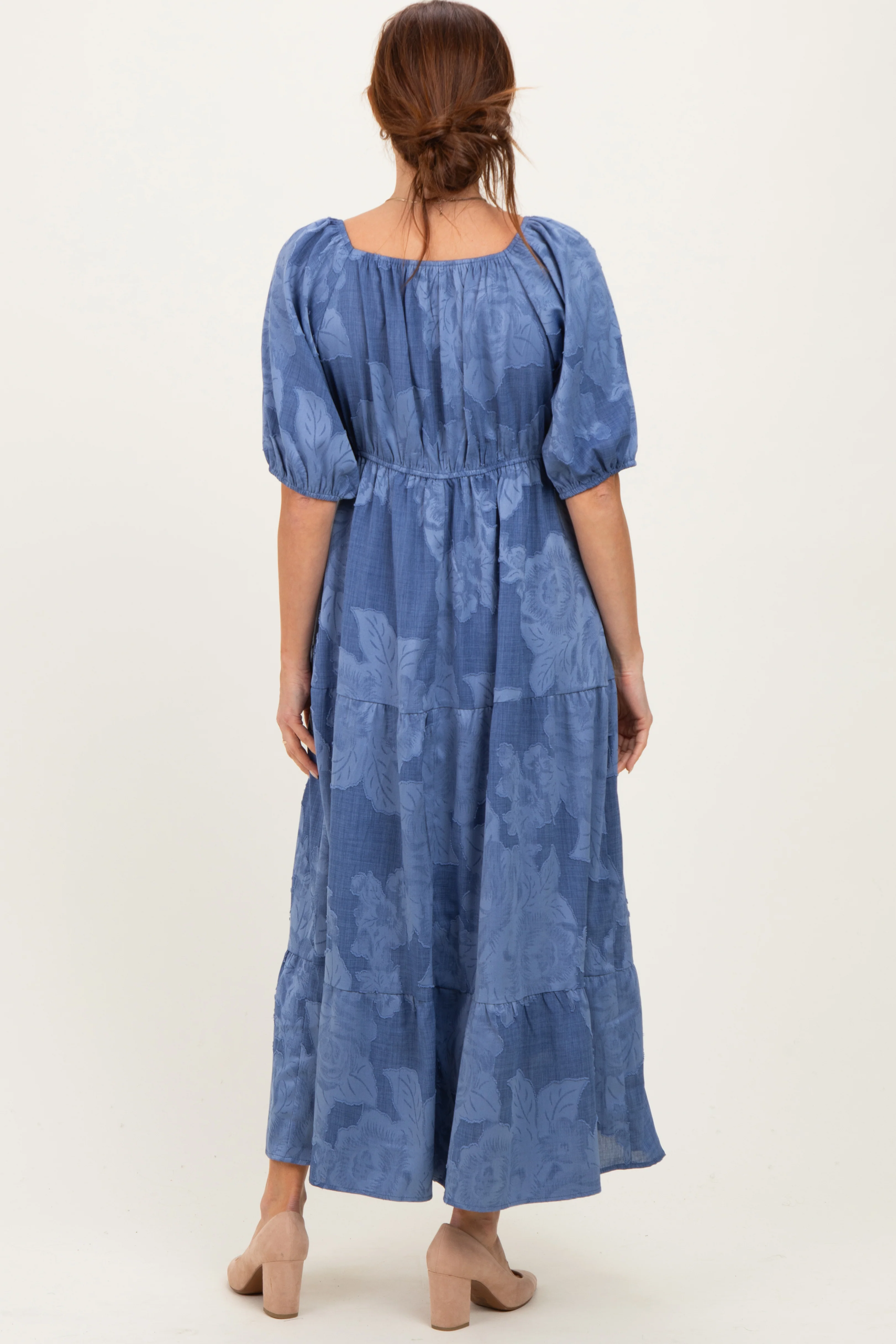 Blue Floral Textured Tiered Midi Dress - Image 4