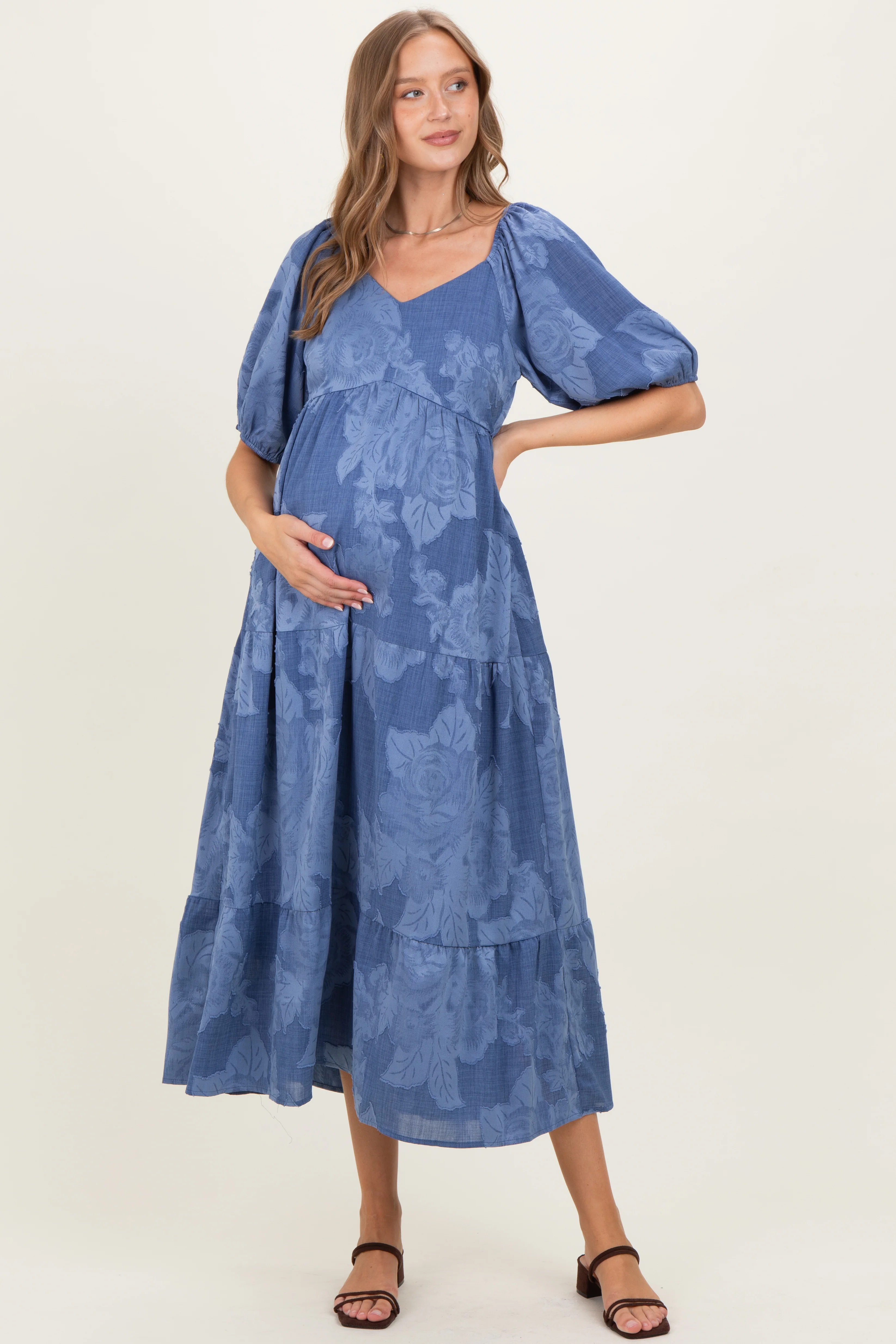Blue Floral Textured Tiered Midi Maternity Dress - Image 2