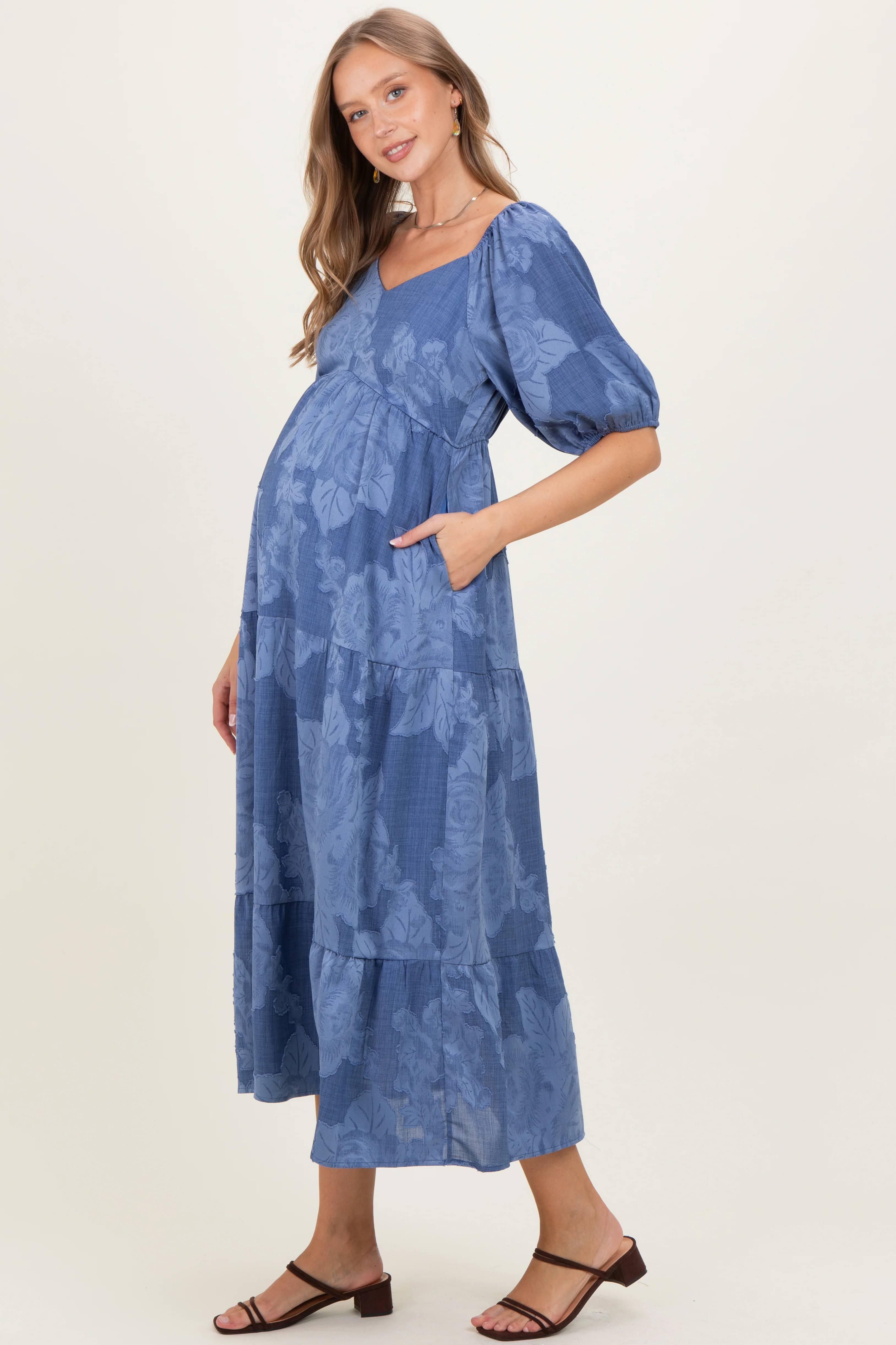 Blue Floral Textured Tiered Midi Maternity Dress - Image 3
