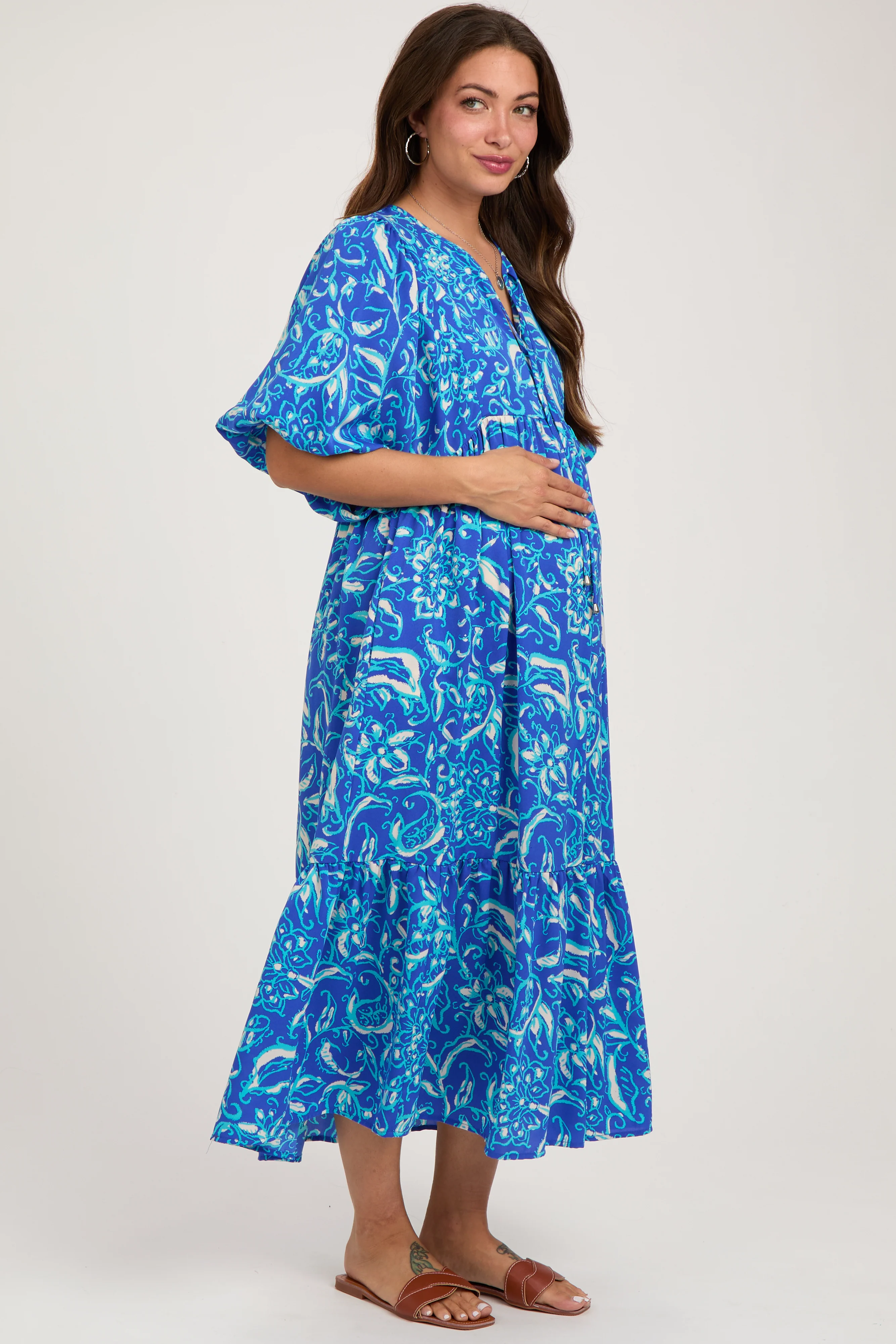 Blue Floral Tiered Maternity Midi Dress - Image 3