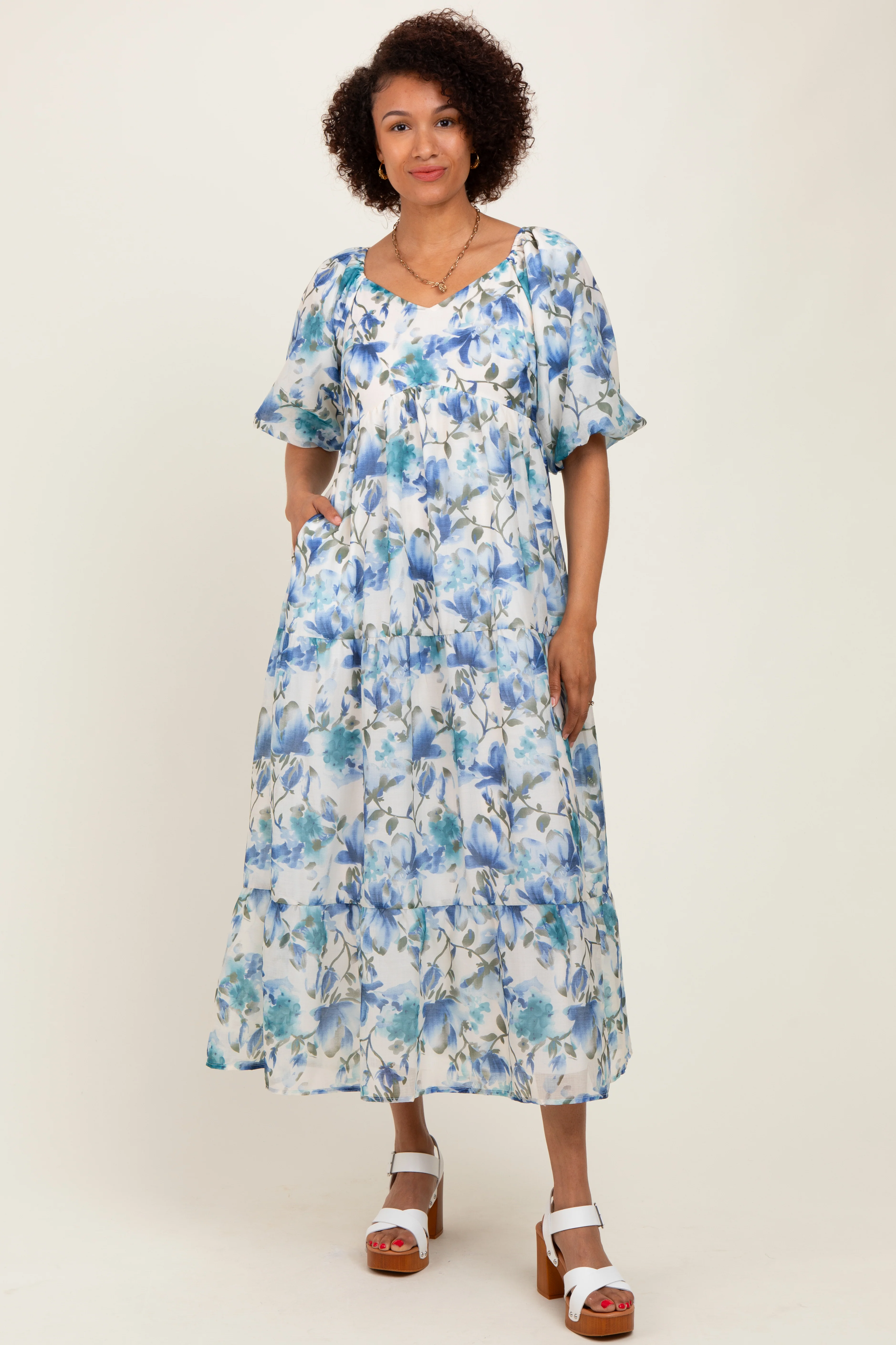 Blue Floral Tiered Puff Sleeve Maternity Midi Dress - Image 5