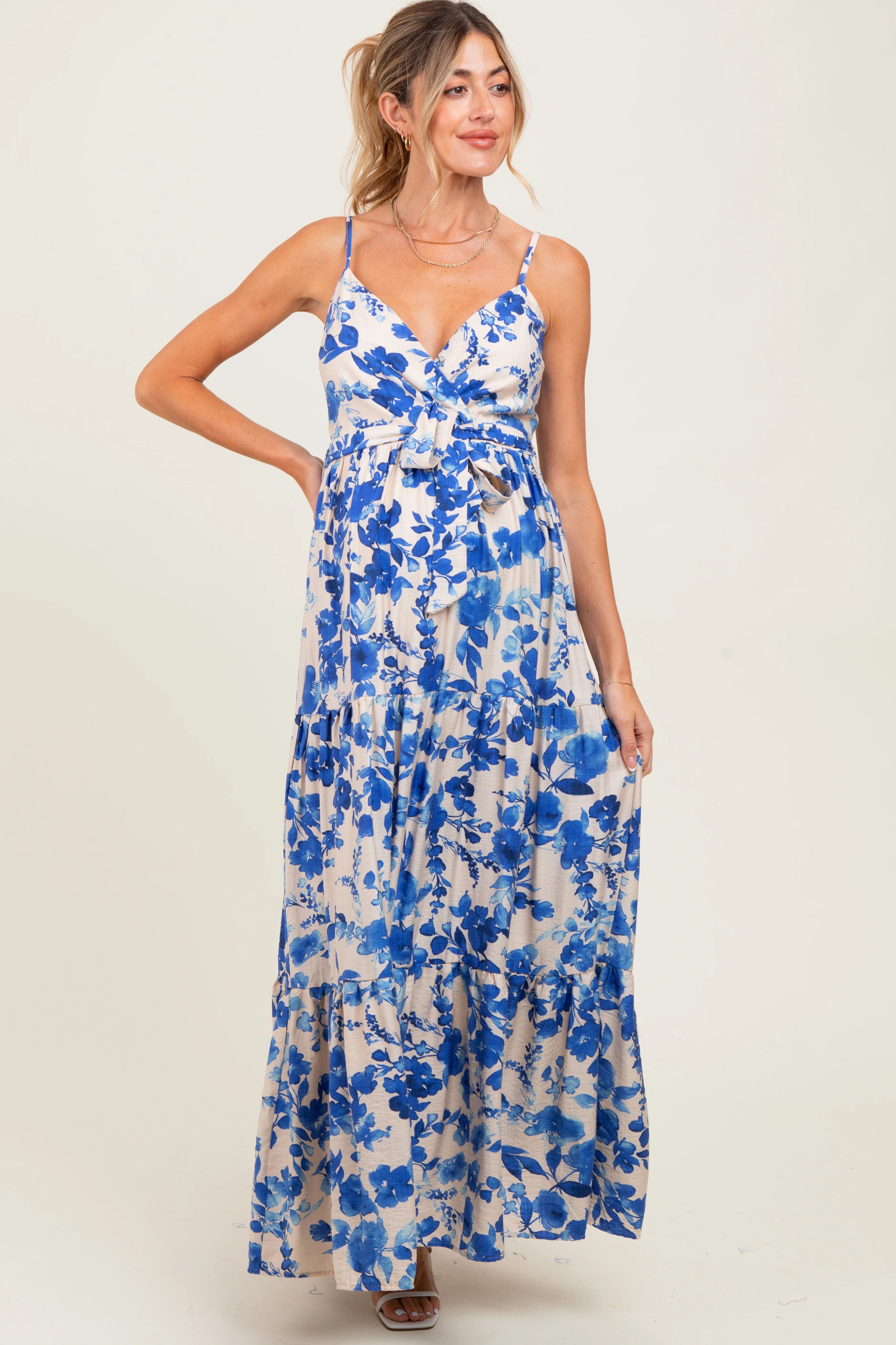 Blue Floral Tiered Sleeveless Sash Tie Maternity Maxi Dress - Image 2