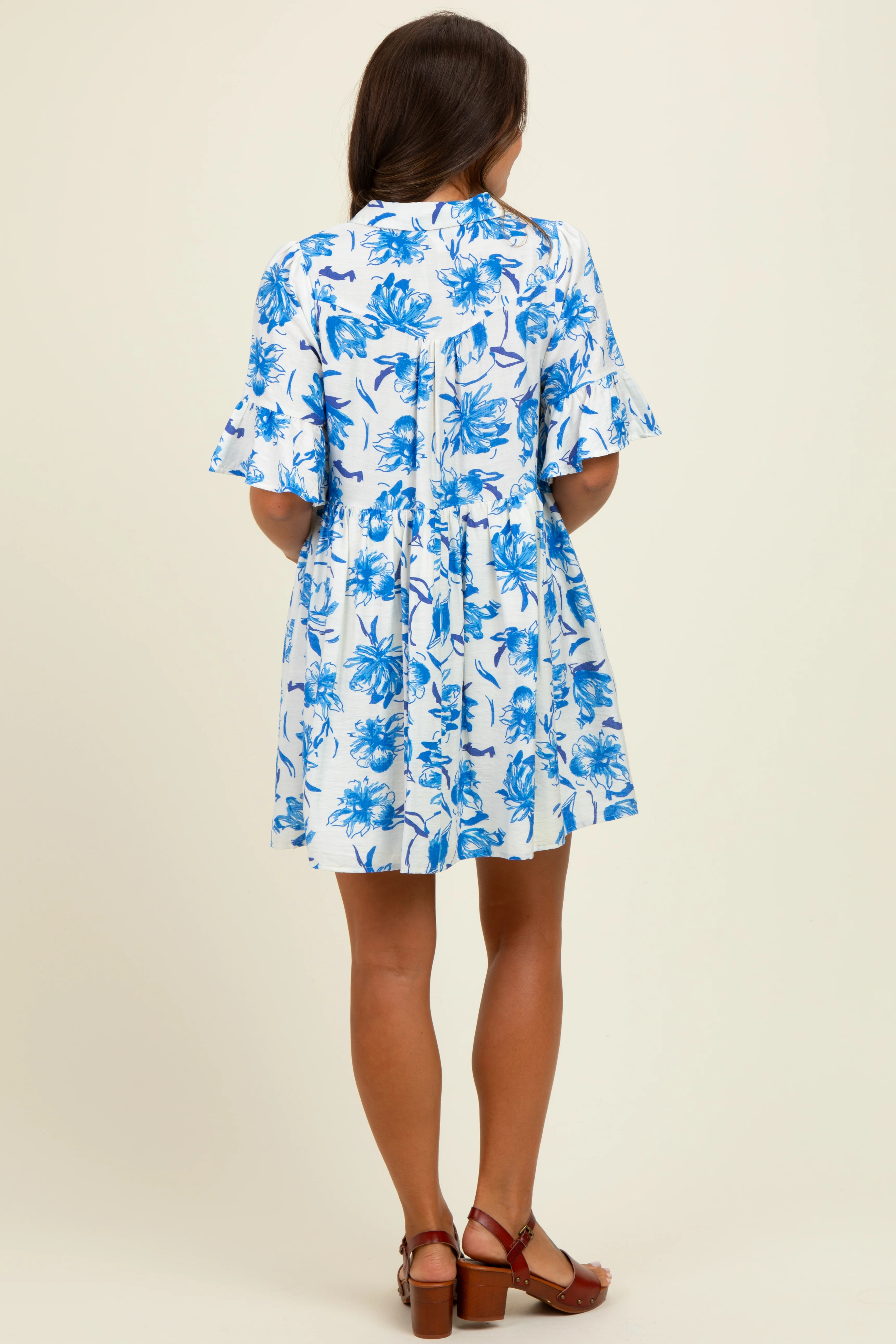 Blue Floral V-Neck Crochet Trim Maternity Dress - Image 3