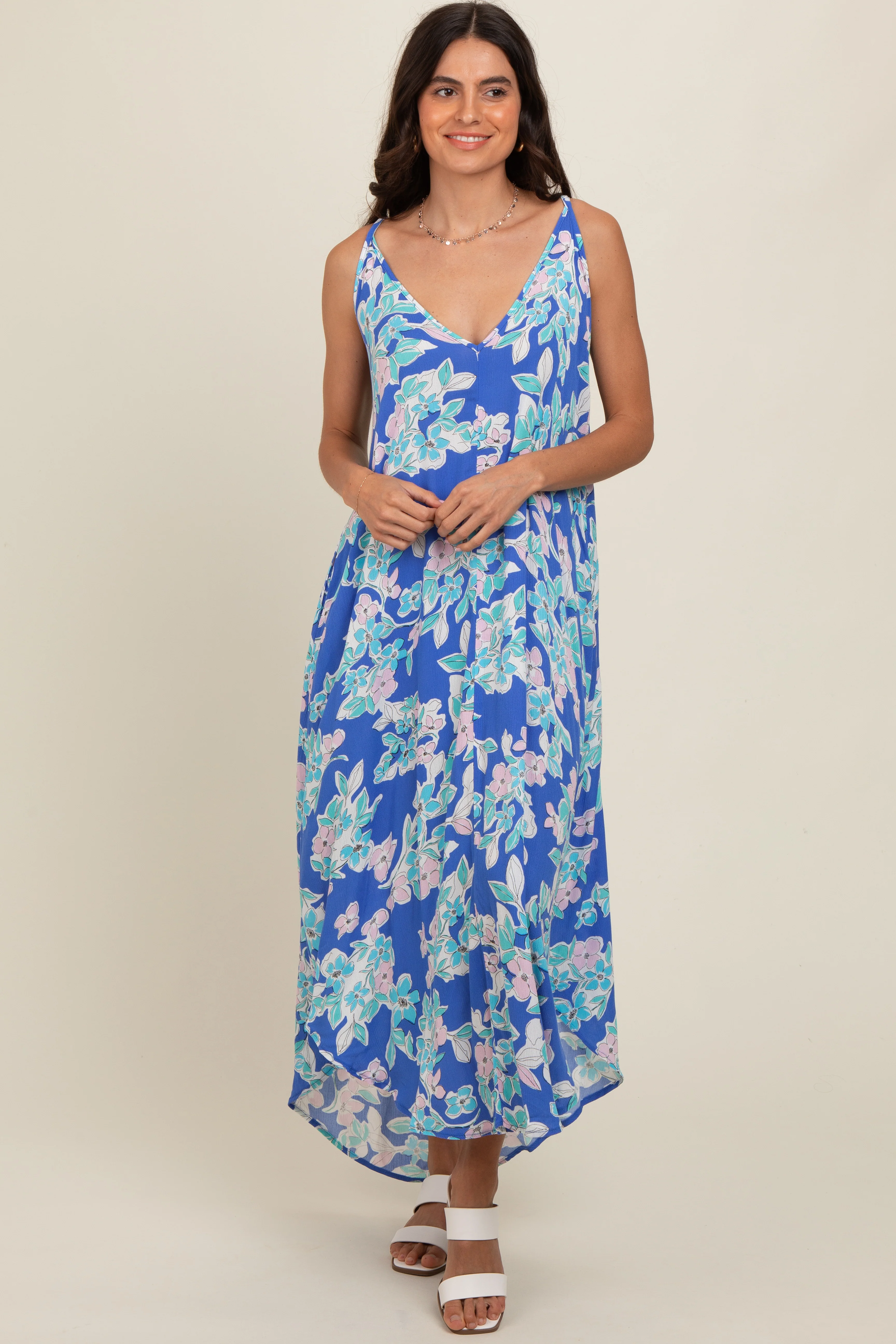 Blue Floral V-Neck Cross Back Midi Dress - Image 2