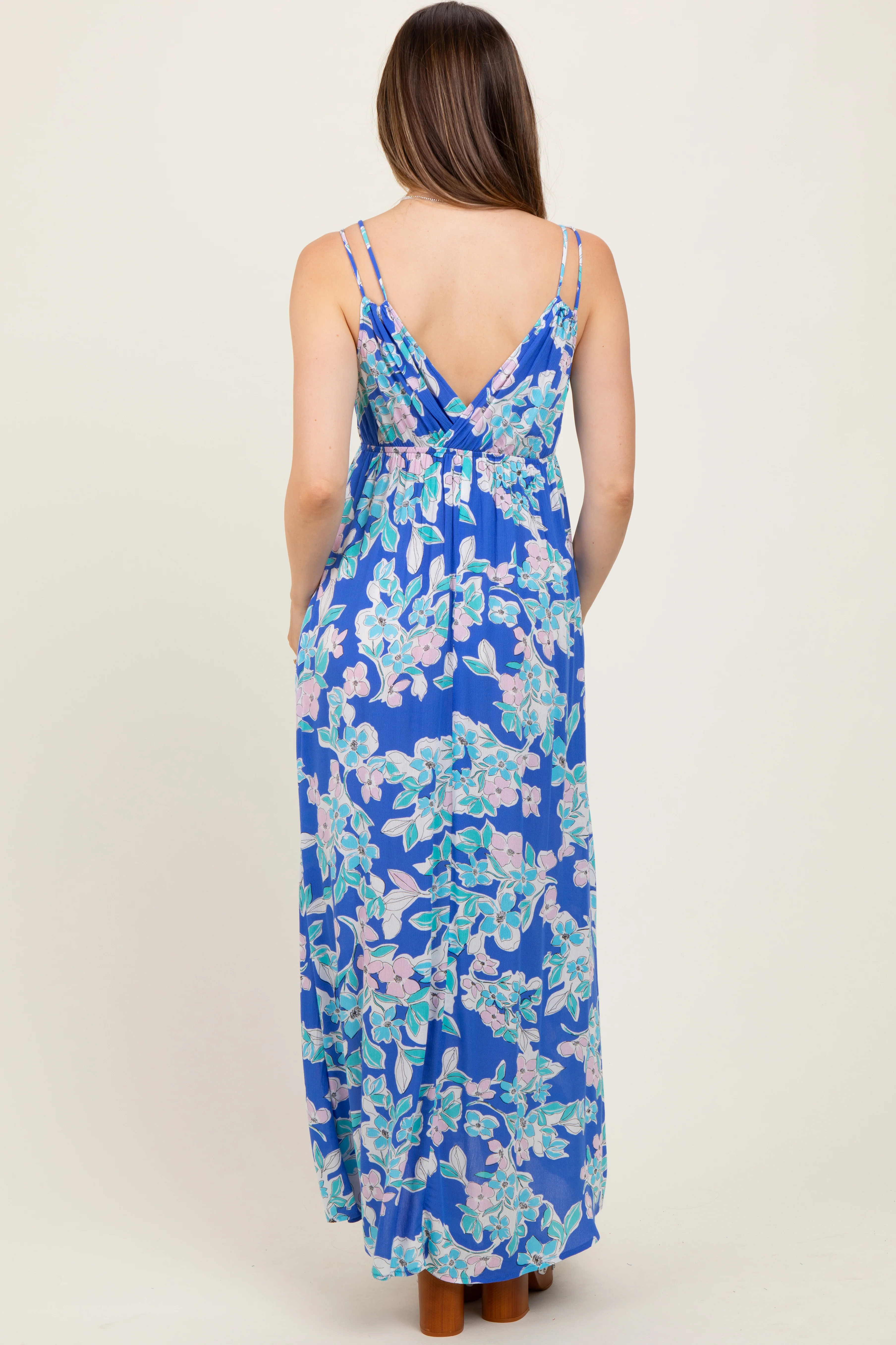 Blue Floral V-Neck Double Strap Maternity Maxi Dress - Image 4