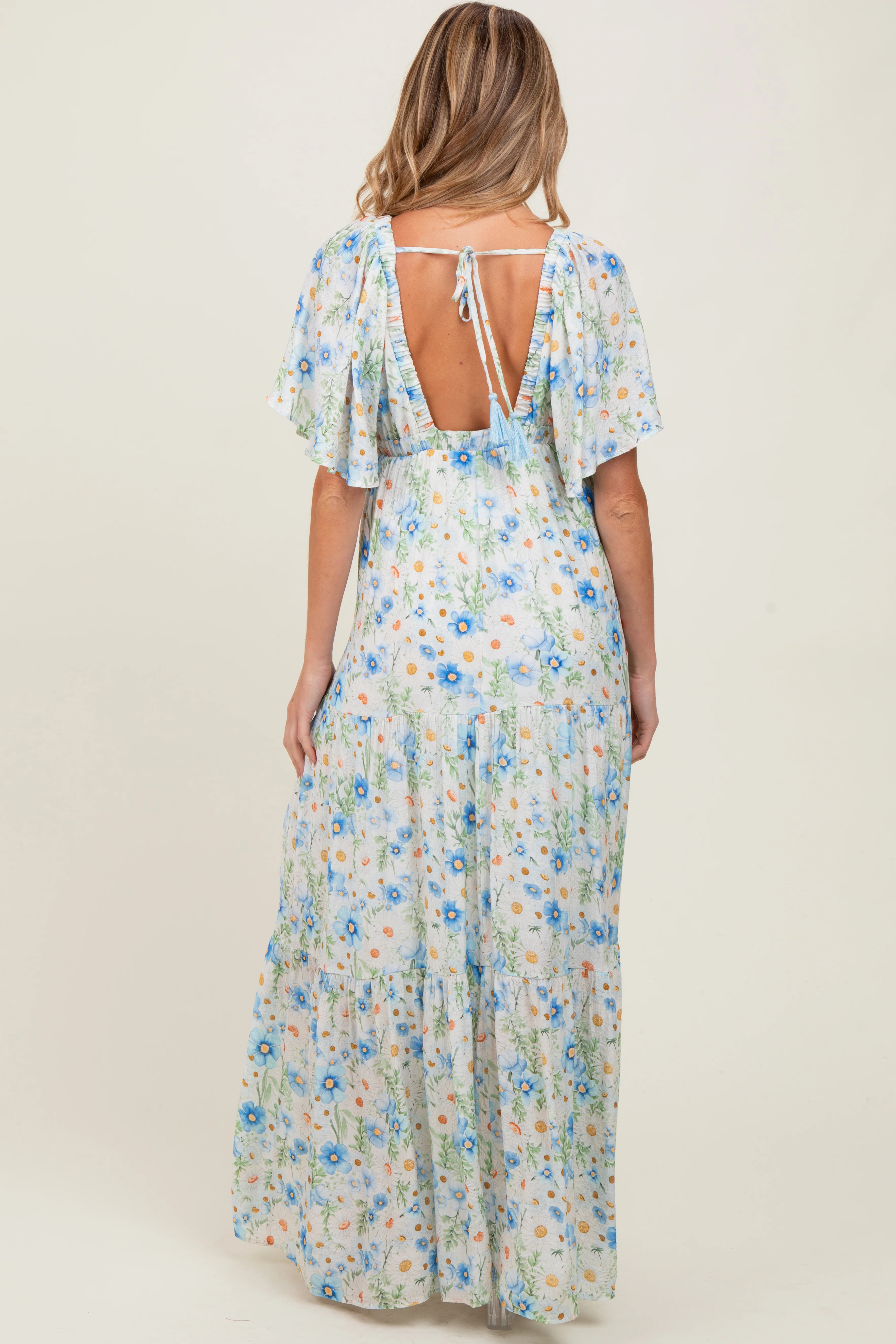 Blue Floral V-Neck Flowy Tiered Maternity Maxi Dress - Image 4
